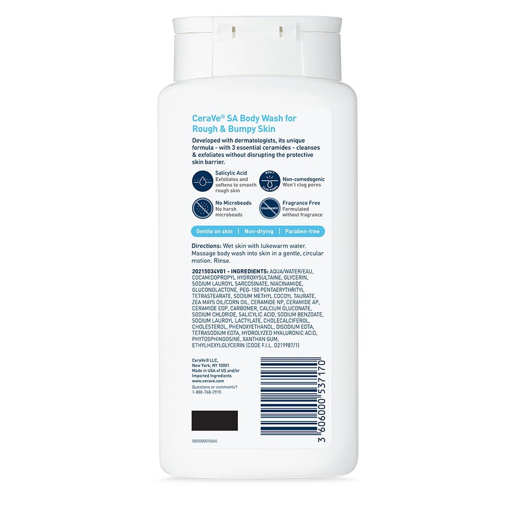 HotCeraVe Body Wash with Salicylic Acid, Fragrance Free Body Wash to Exfoliate Rough and Bumpy Skin, Allergy Tested, 10 Ounce