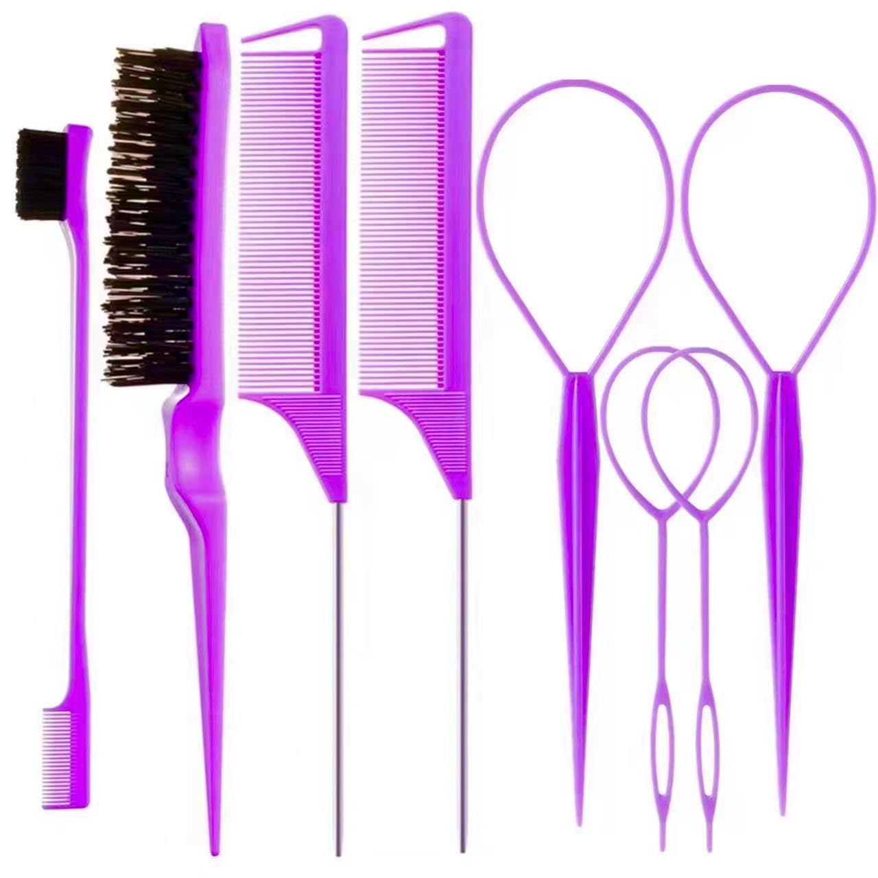 HotZVOREI 8Pcs Hair Brushes Set with 4Pcs Topsy Hair Tail Tools 1Pcs Bristle Teasing Hair Brush 1Pcs Edge Control Brush 2Pcs Metal Pin Rat Tail Combs for Woman Girl Hair Styling,Edge&Back Brushing,Pink