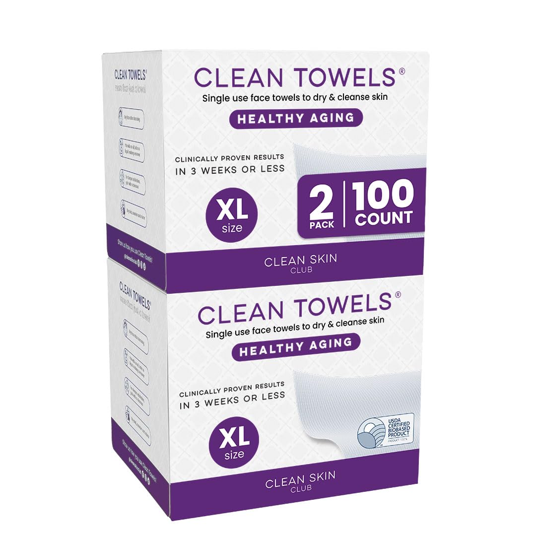 HotReduces Fine Lines and Wrinkles in 6 weeks or Less, CLEAN SKIN CLUB Healthy Aging Clean Towels® XL, Disposable Face Towels, XL - 1 Pack (50 count)