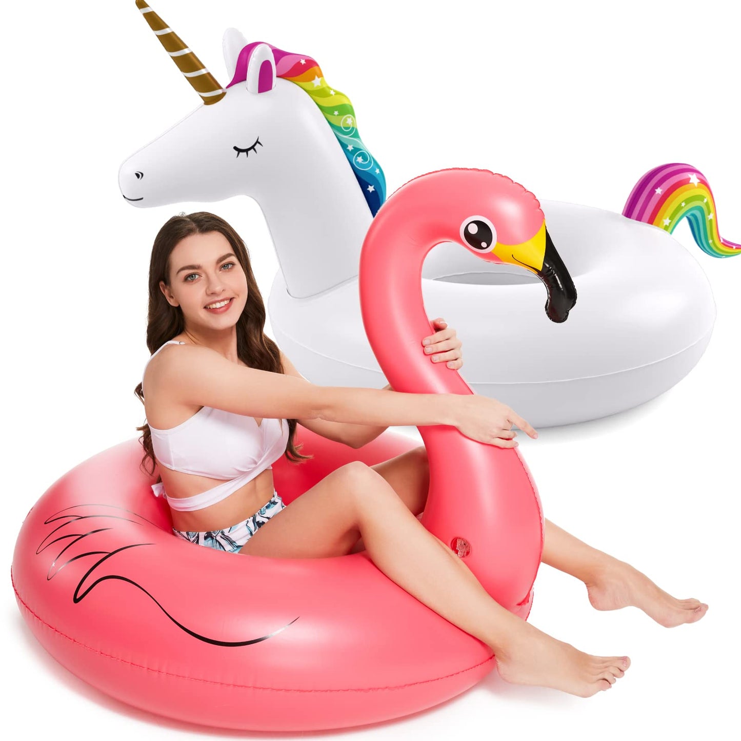 HotJasonwell 2 Pack Unicorn Flamingo Pool Floaties - Inflatables Rafts for Swimming, Lake, Beach - Floaty Swim Rings for Adults, Kids
