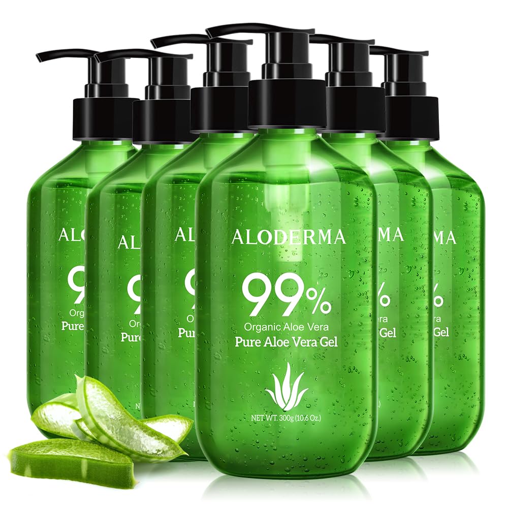 HotAloderma Aloe Vera Gel Made within 12 Hours of Harvest with 99% Pure Organic Aloe Vera - Pump Bottle - Ideal for Face and Body, Soothing & Hydrating Sunburn Relief, Great for Scalp & Hair - 10.6oz