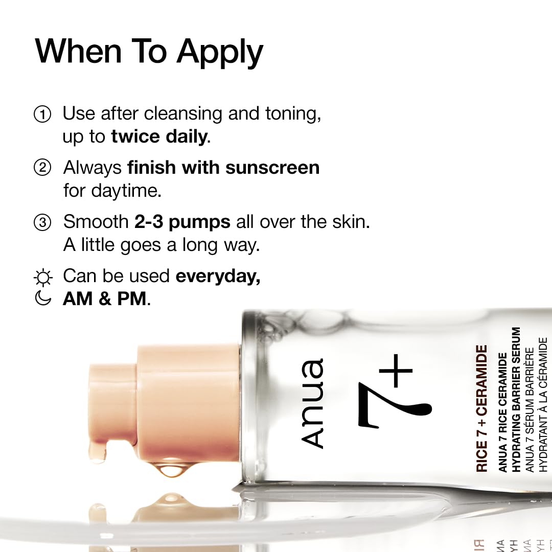 HotAnua Rice Ceramide 7 Hydrating Barrier Serum, Moisturizing Face Serum, Non-comodogenic, Hyaluronic Acid, Niacinamide, Lightweight, Fragrance Free, Sensitive Dry Skin, Korean Skincare, 1.69 fl oz