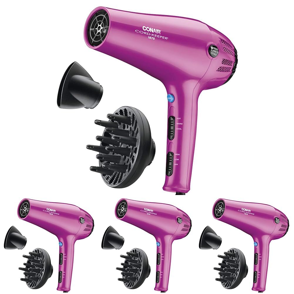 HotConair Hair Dryer with Diffuser & Concentrator, 1875W, Matte Light Pink | Blow dryer with ionic tourmaline technology, 3 heat settings, and 2 speed options to efficiently style all hair types