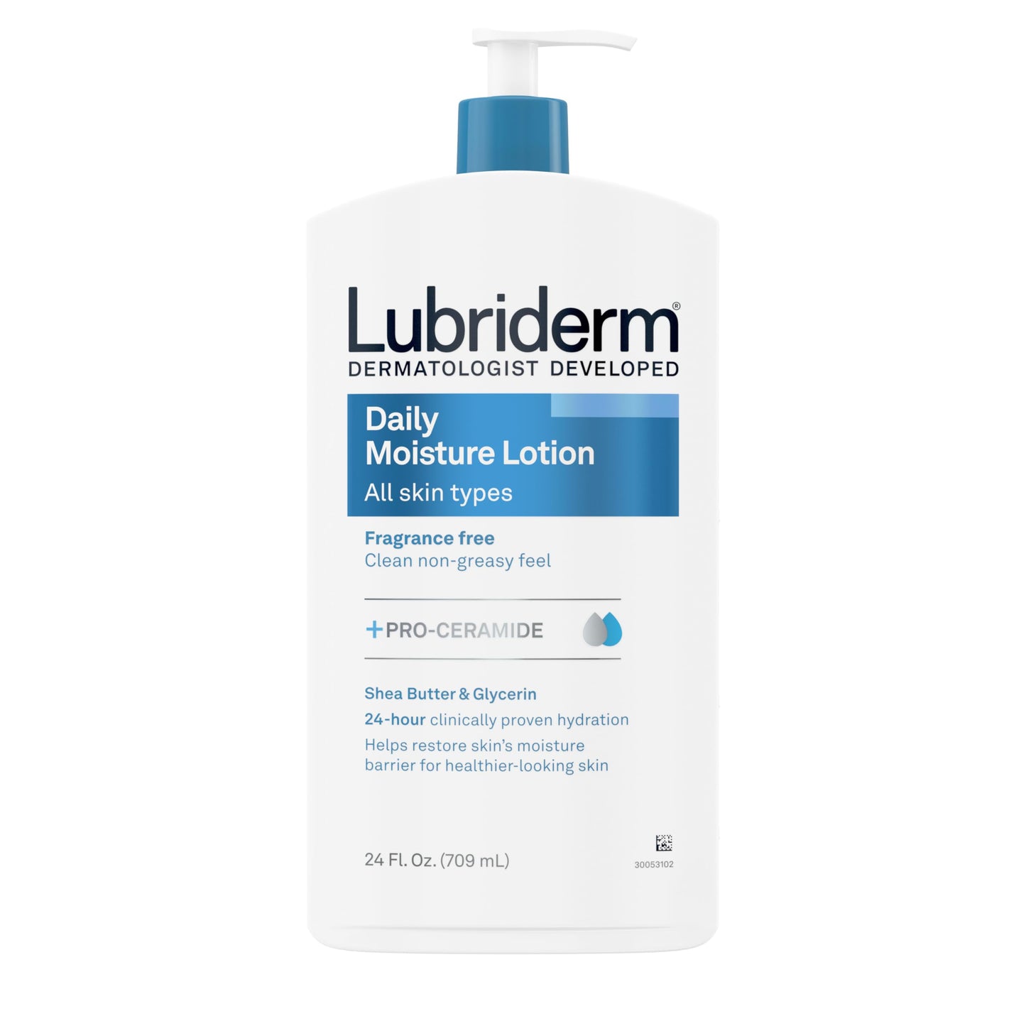 HotLubriderm Fragrance Free Daily Moisture Body Lotion + Pro-Ceramide, Unscented Lotion, Body Lotion for Dry Skin, Shea Butter, Glycerin, Non-Greasy 24-Hour Moisturizer, Paraben & Dye Free, 24 Fl Oz