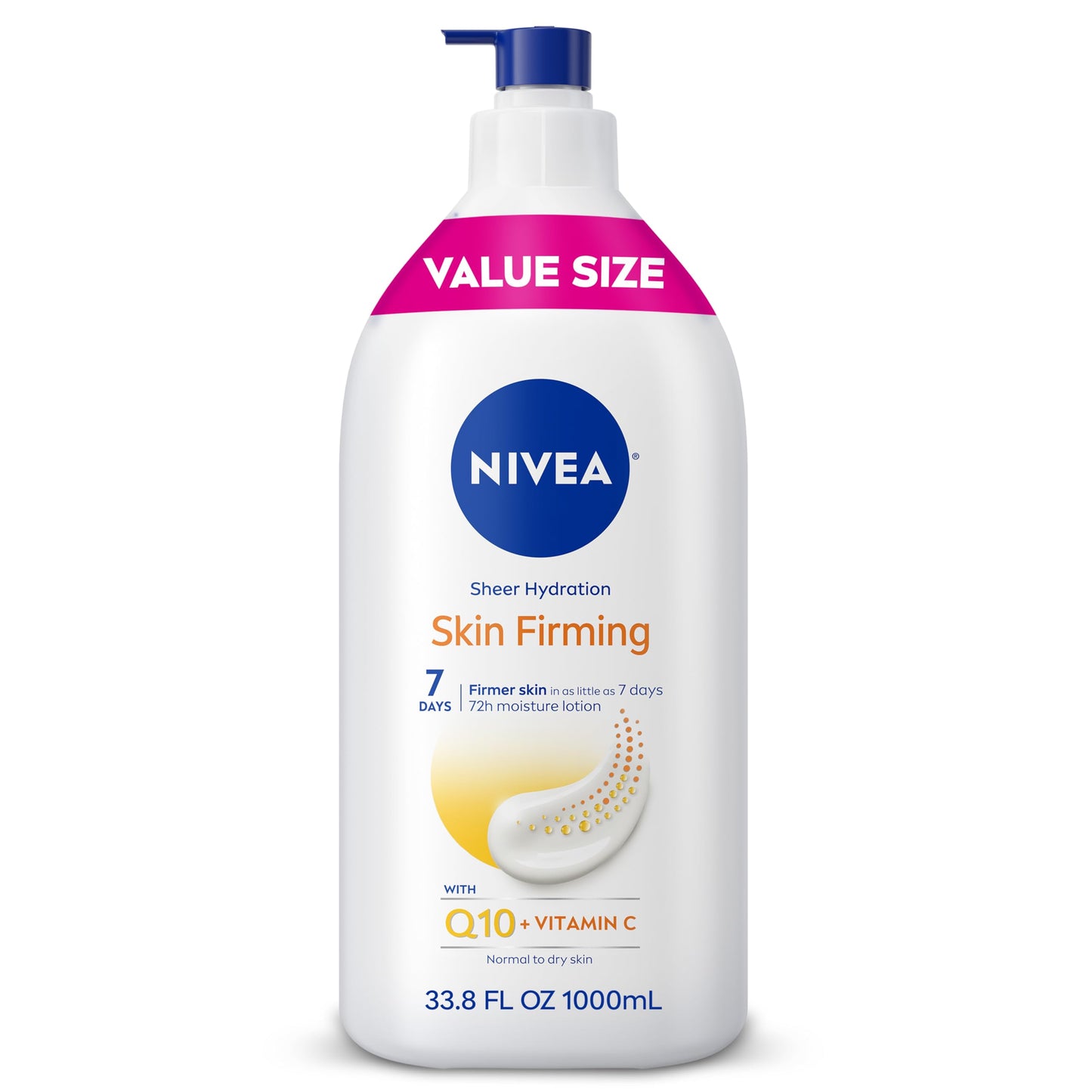 HotNIVEA Sheer Hydration Skin Firming Body Lotion with Q10 and Vitamin C, 72-Hour Body Moisturizer for Normal to Dry Skin, 33.8 Fl Oz Value Size Pump Bottle