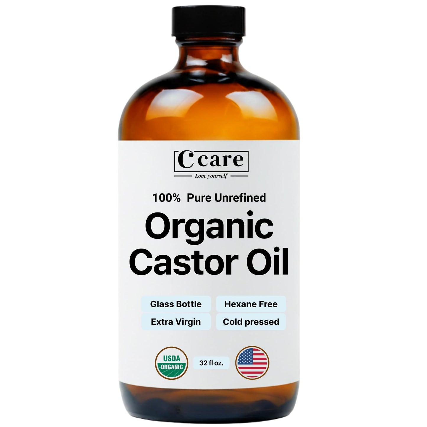 HotC CARE Castor Oil 100% Pure Organic Cold Pressed Unrefined Glass Bottle | USDA Certified Organic | Hexane Free Extra Virgin | For Hair Growth Eyebrows Eyelashes Skin and Castor Oil Pack Wrap | 16oz