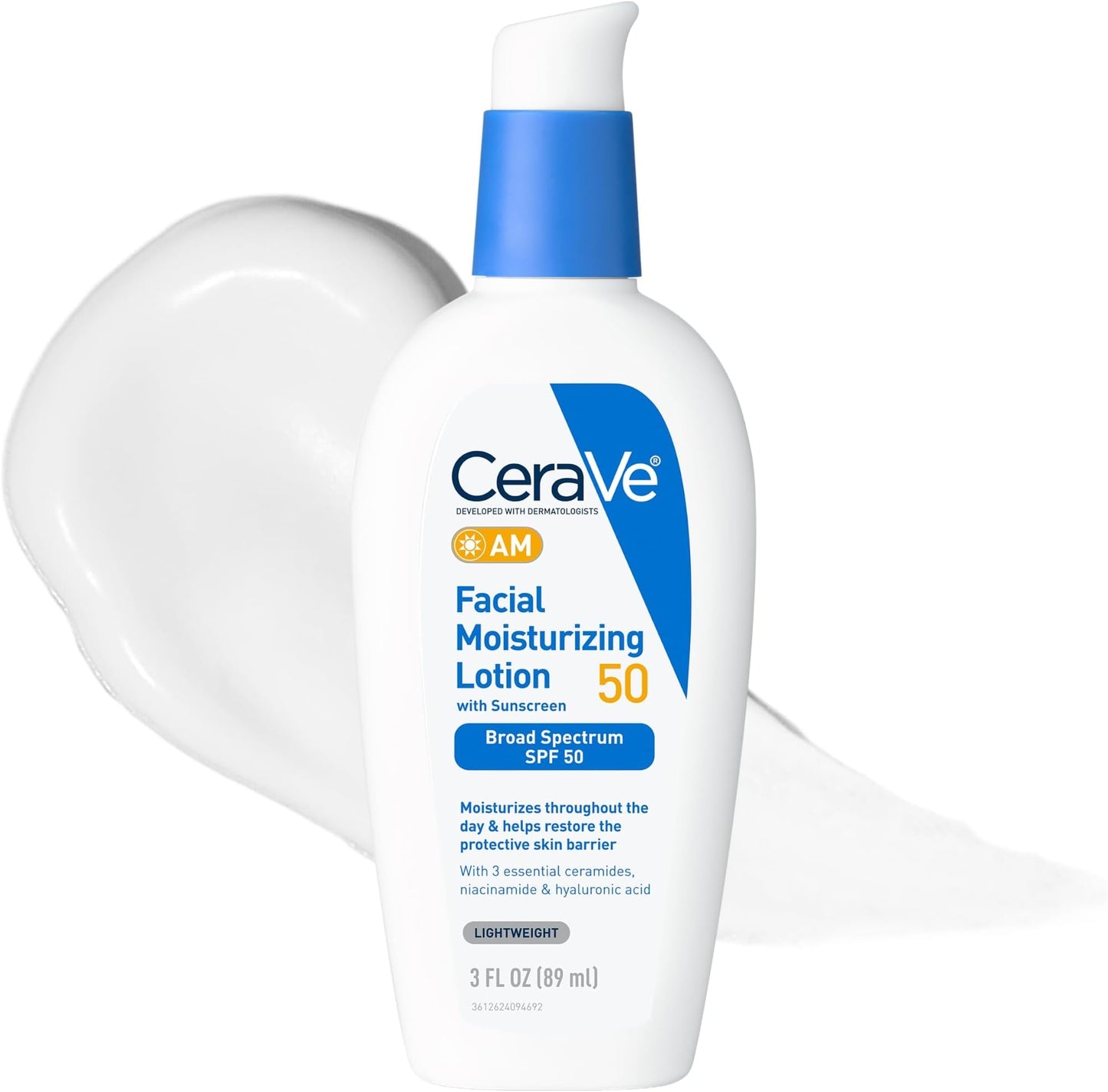 HotCeraVe AM Facial Moisturizing Lotion SPF 50, Face Moisturizer with SPF, Hyaluronic Acid, Niacinamide & Ceramides, Non-Greasy, Blends Seamlessly With No White Cast, Non Comedogenic Sunscreen, 3 Oz
