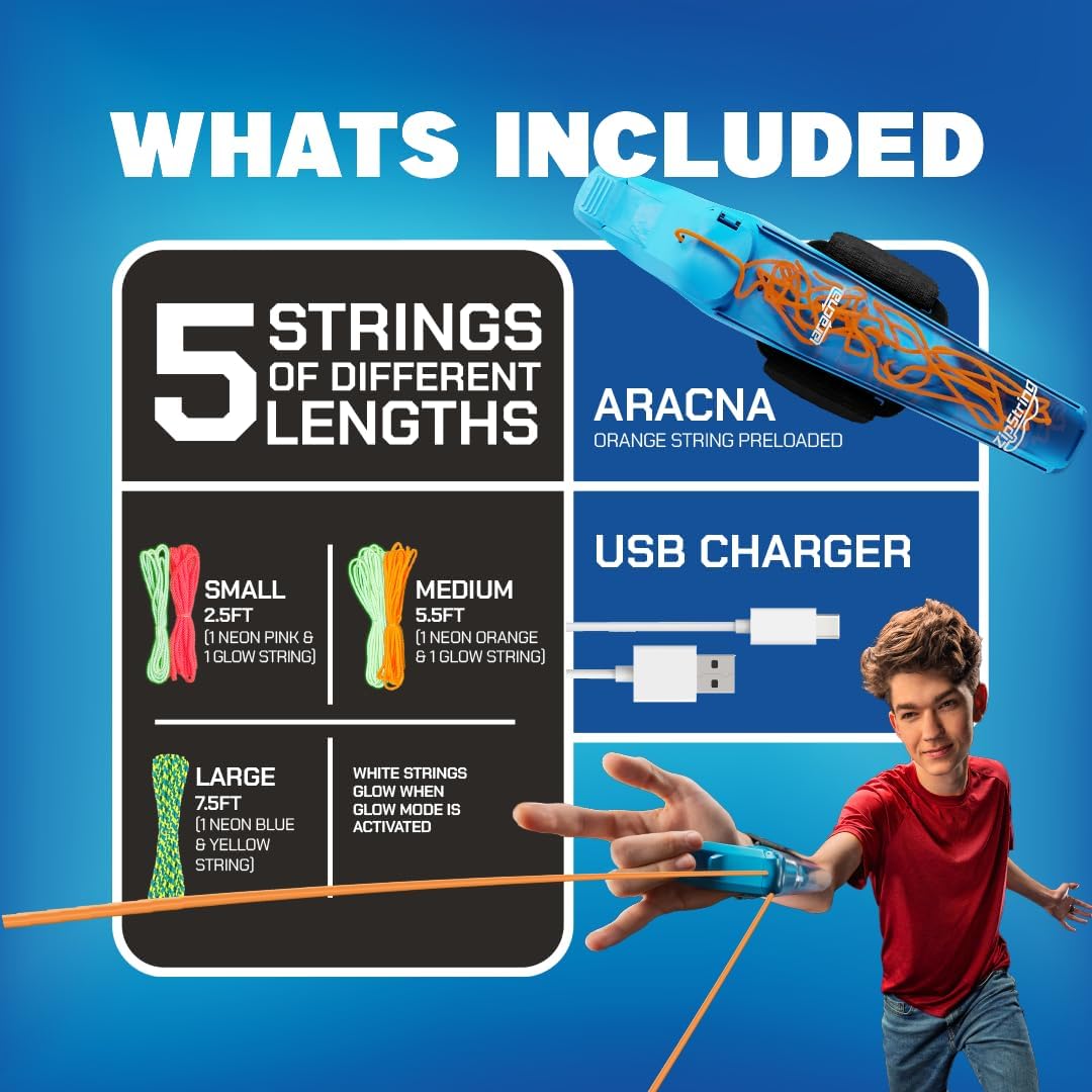 HotZipString Aracna Glow-in-the-Dark Webshooter – Superhero String Launcher Toy for Kids, Teens & Adults – Patented, Reloading, Durable & Viral Web Shooting Action Toy for Endless Tricks & Epic Battles | For Kids, Teens & Adults, Patented, Reloading, Dura