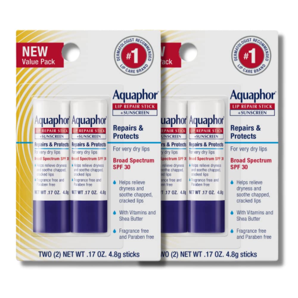 HotAquaphor Lip Balm Set with Jojoba Oil and Shea Butter, Lip Repair Stick (2 x 0.17 Oz) + Repair Stick with Sunscreen SPF 30 (2 x 0.17 Oz), Fragrance Free, Paraben Free, Immediately Relieves Dryness