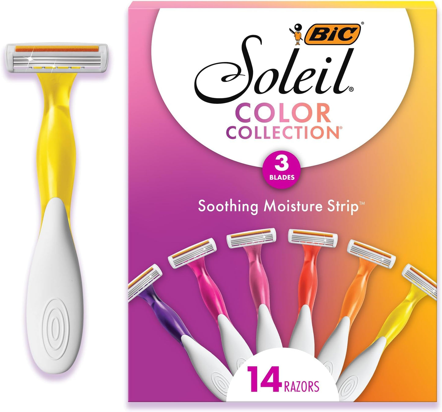 HotBIC Soleil 3 Colors Women's Disposable 3-Blade Razors, Aloe Vera Strip, College Dorm Room Essential, Shower Caddy and Toiletry Bag Ready, 14-Pack
