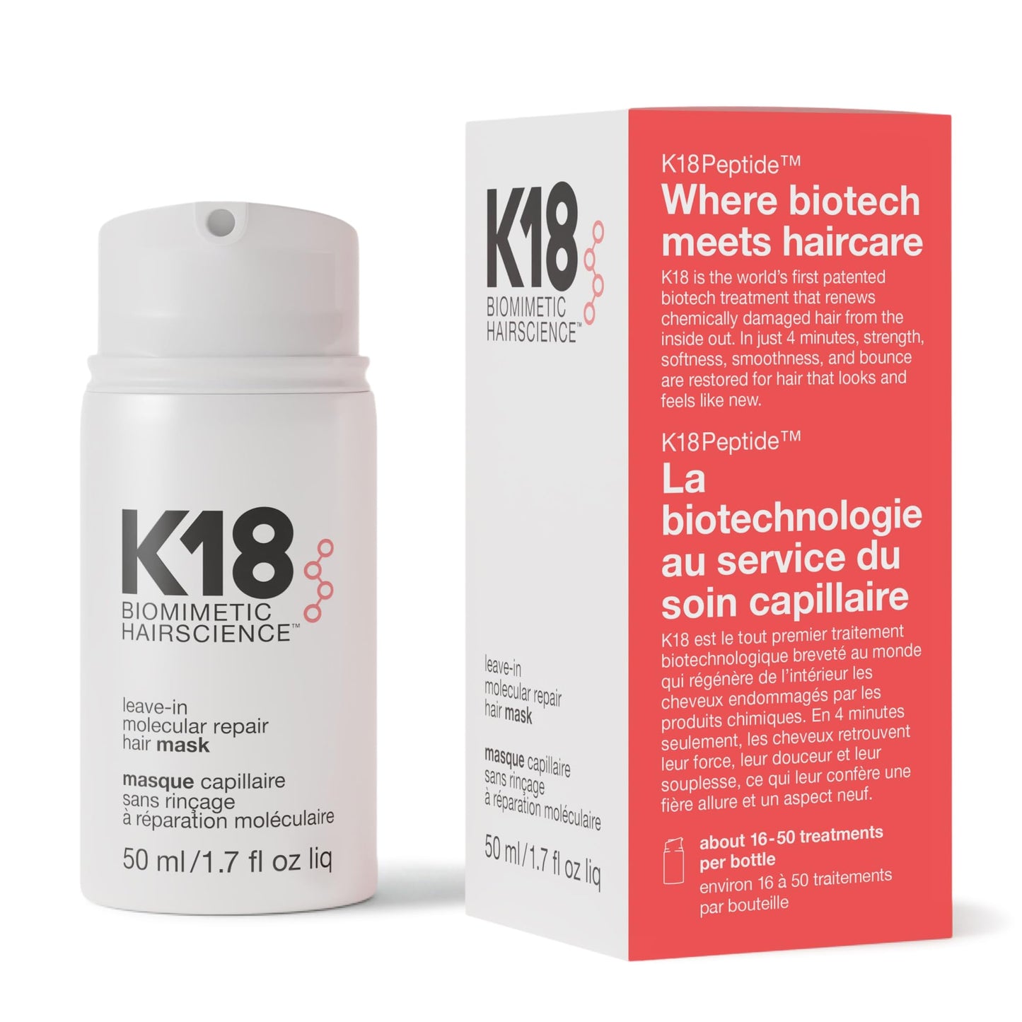 HotK18 Leave-In Molecular Repair Hair Mask, Patented, Lasting Repair For Dry, Frizzy, Damaged Hair, Reverse Damage In 4 Minutes From Bleach, Color, Chemical Services + Heat