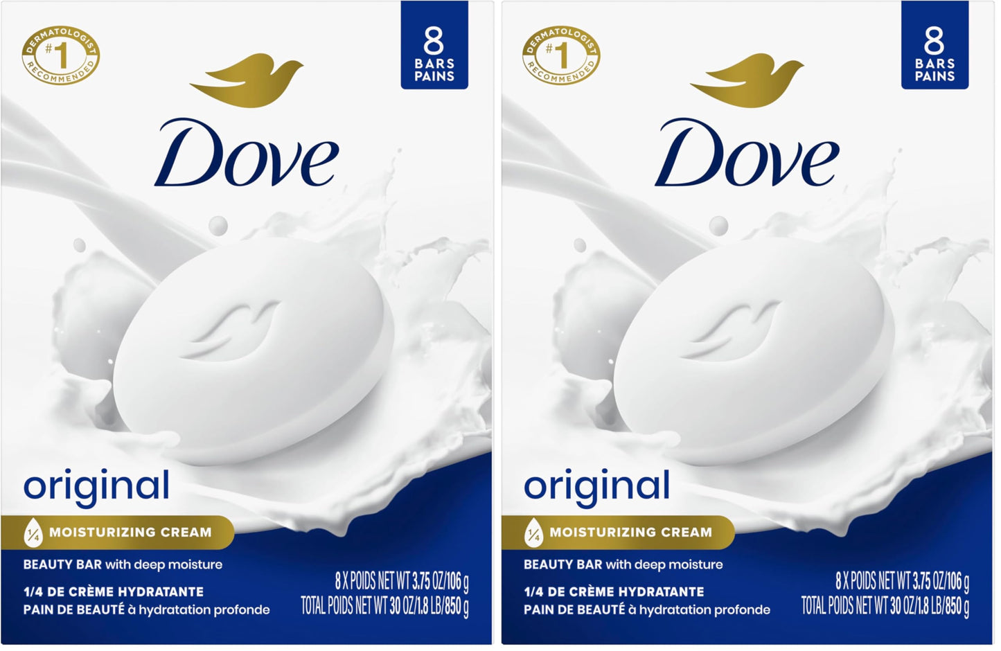 HotDove Beauty Bar Soap Original 8 Count for Soft, Smooth Skin, with 1/4 Moisturizing Cream 3.75 oz