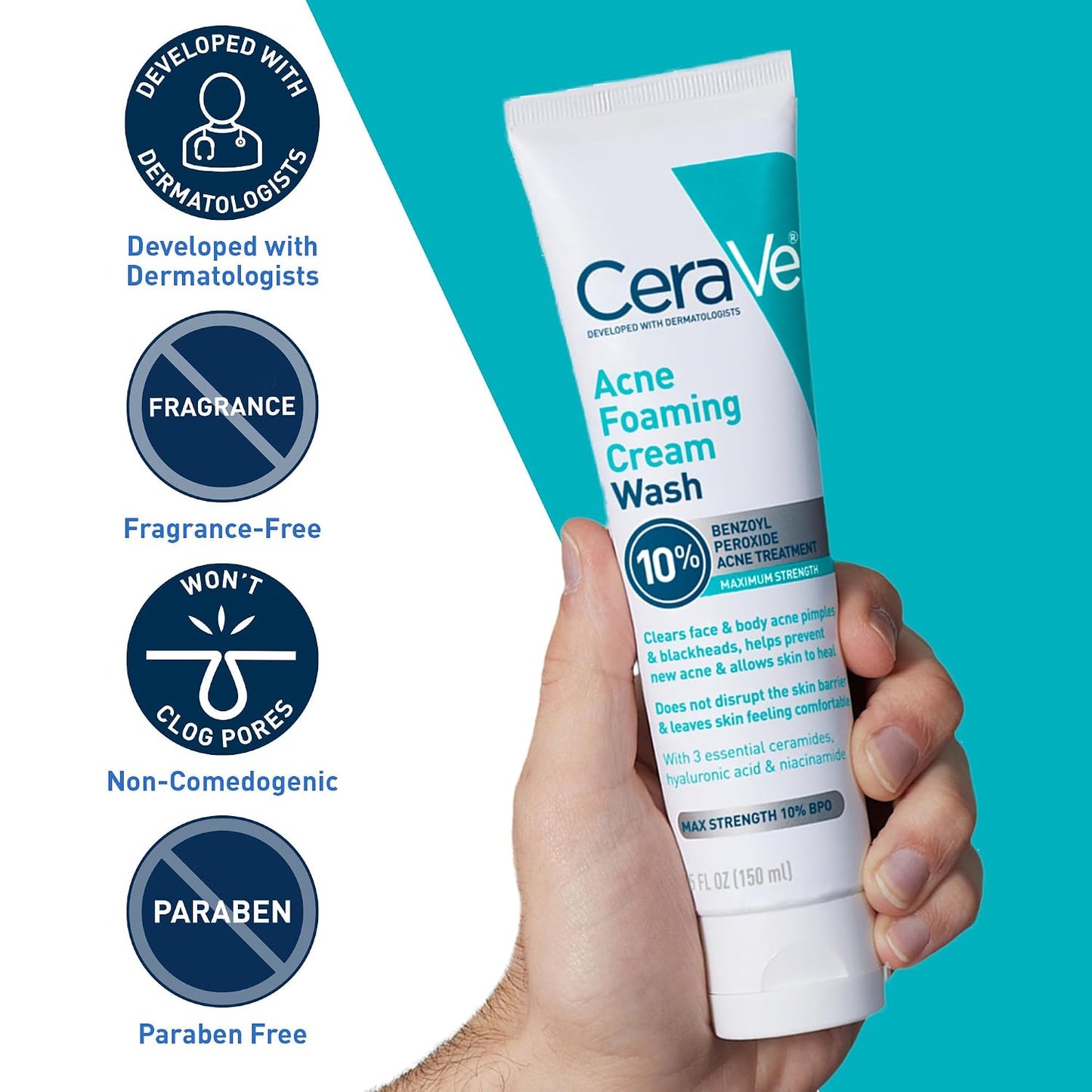 HotCeraVe Acne Foaming Cream Wash, Gentle Face and Body Cleanser with Benzoyl Peroxide 10%, Hyaluronic Acid, and Niacinamide, 10% Benzoyl Peroxide Treatment Clears Pimples and Blackheads 5 Oz