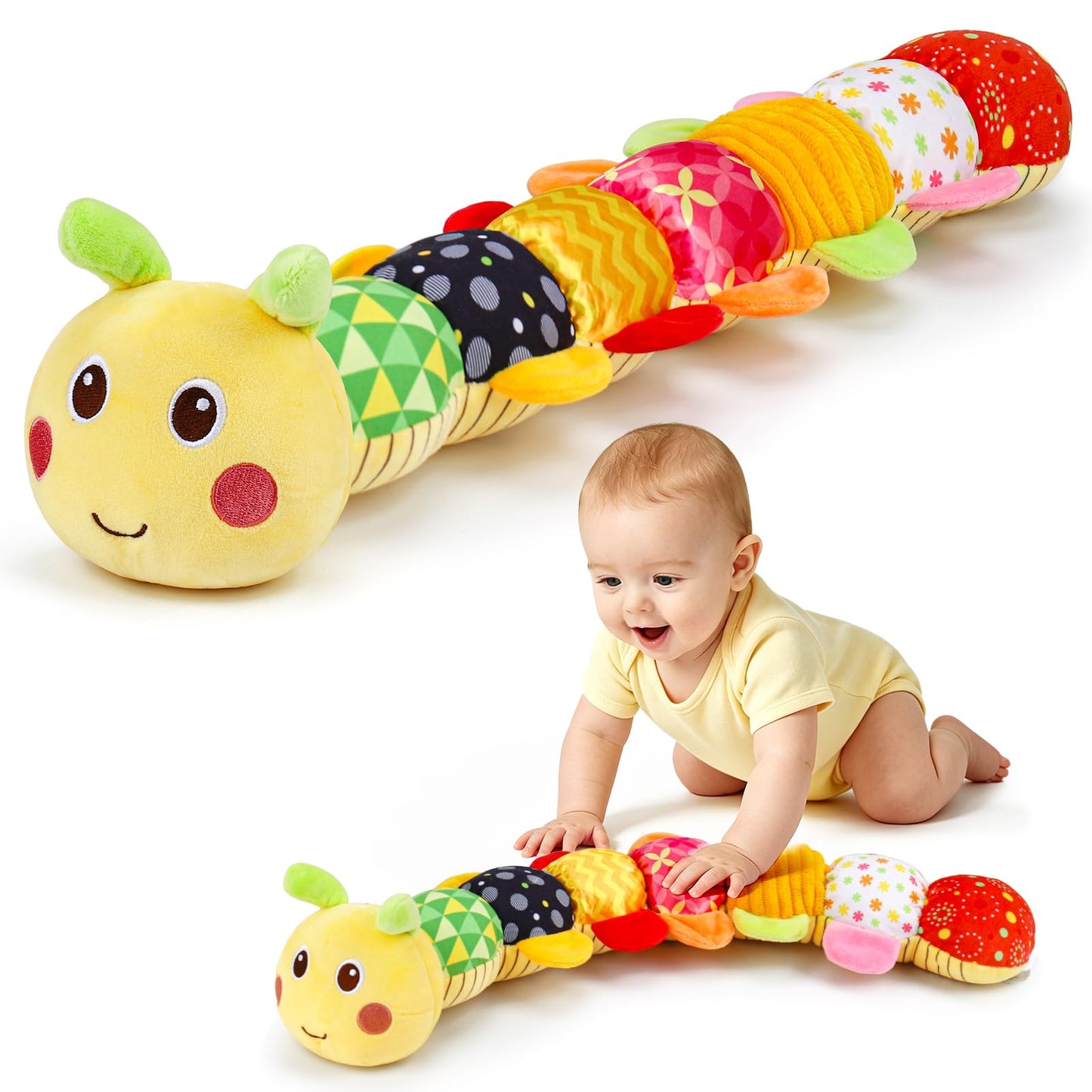 HotTopsochir Baby Sensory Toys 0-6 Months Music Animal Stuffed Plush Caterpillar Toy for Infant 0-3-6-12 Month Old Tummy Time with Mirror Crinkle Rattle Toys for Newborn Boys Girls Shower Birthday Gifts