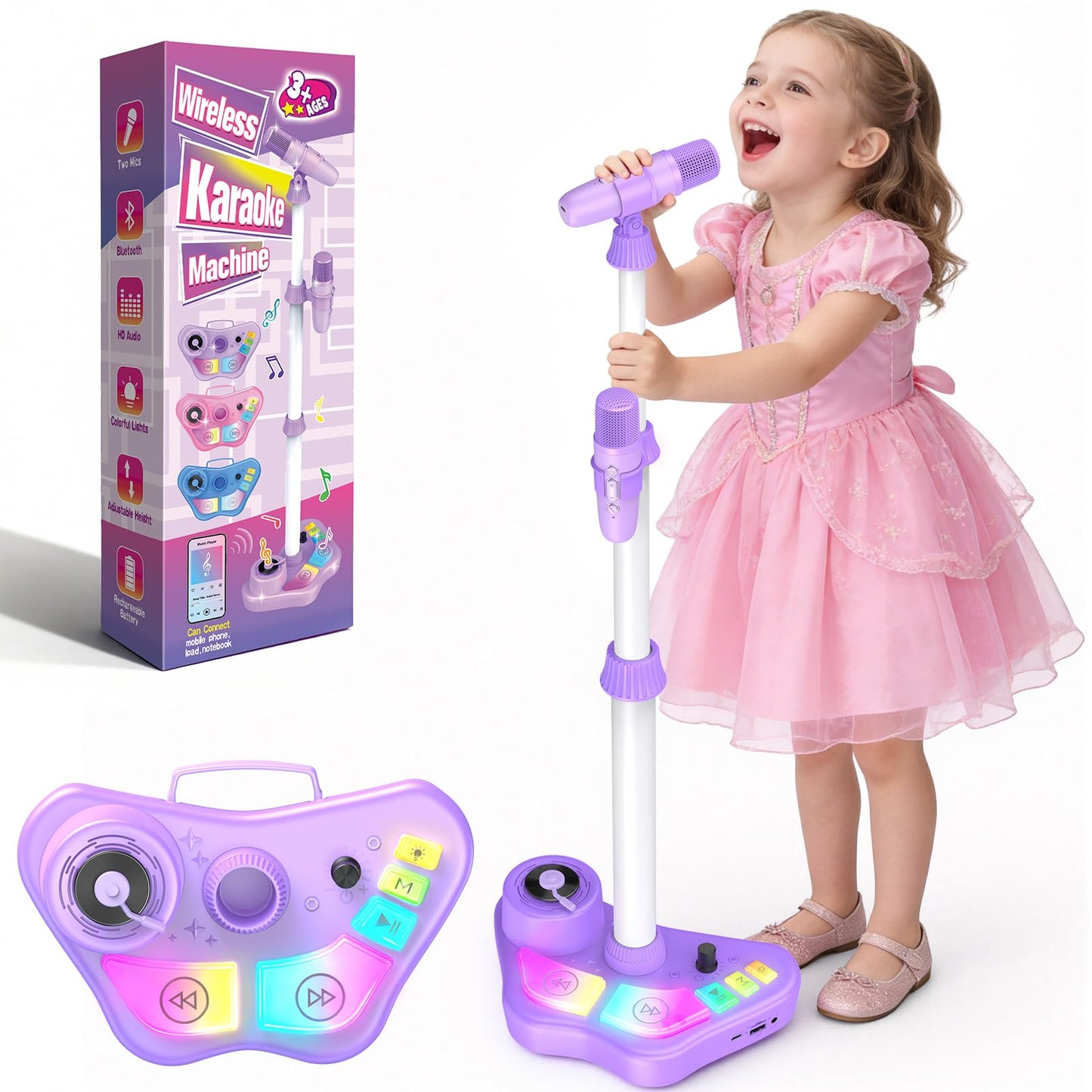 Hot Stand Karaoke Machine for Kids, Singing Toys Gifts for 3 4 5 6 7 8 Year Old Girls Boys, Rechargeable Kid Microphone Bluetooth Speaker with 2 Wireless Mic for Girl Age 4-6 Toddler Birthday Party Toy
