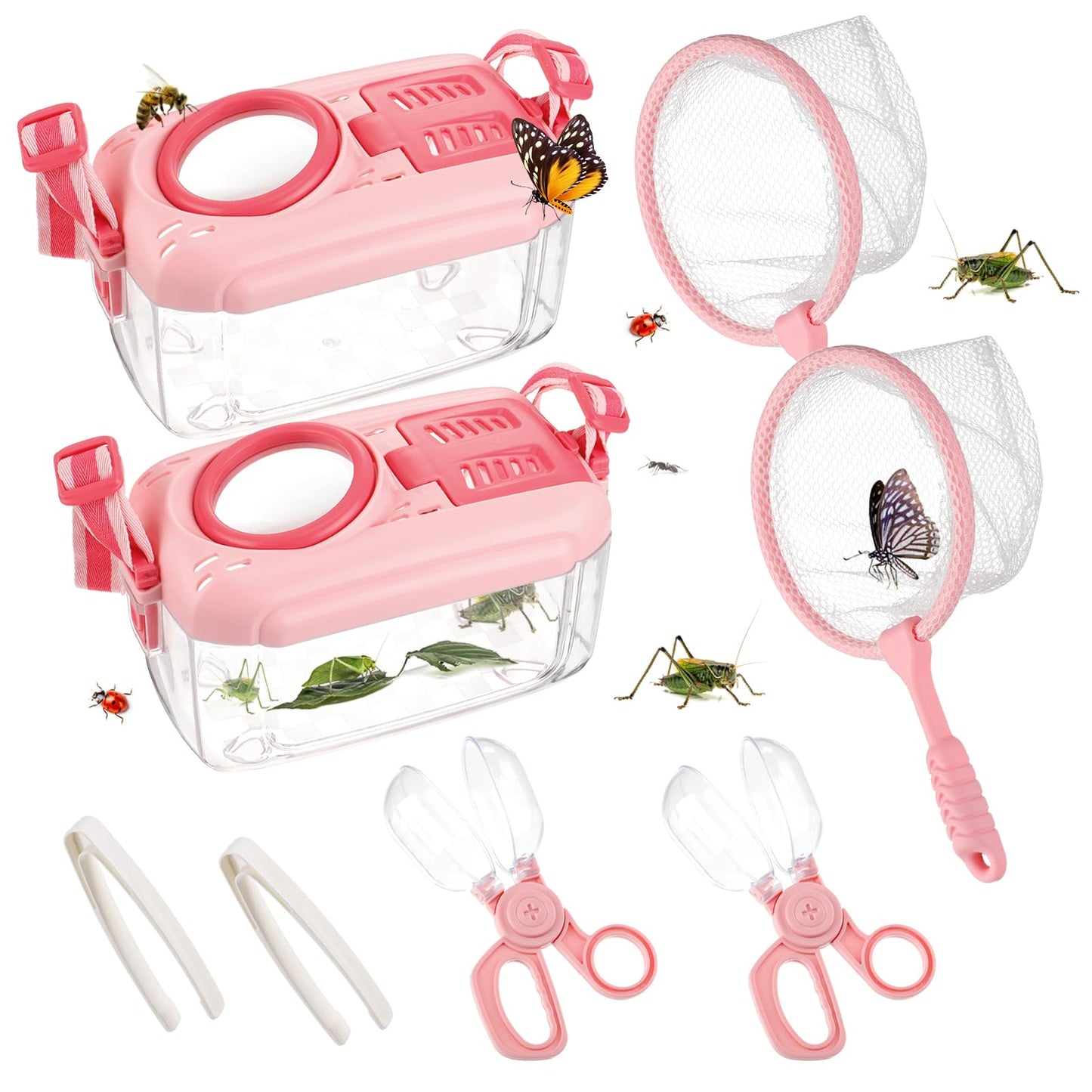 Hot 2Sets Bug Catcher for Kids - Sturdy Kids Bug Catching Kit Gifts with Collector Butterfly Net Tweezer, Bugs Habitat Outdoor Explorer Kit for Age 3 4 5 6 7 8, 8Pcs, Green & Pink