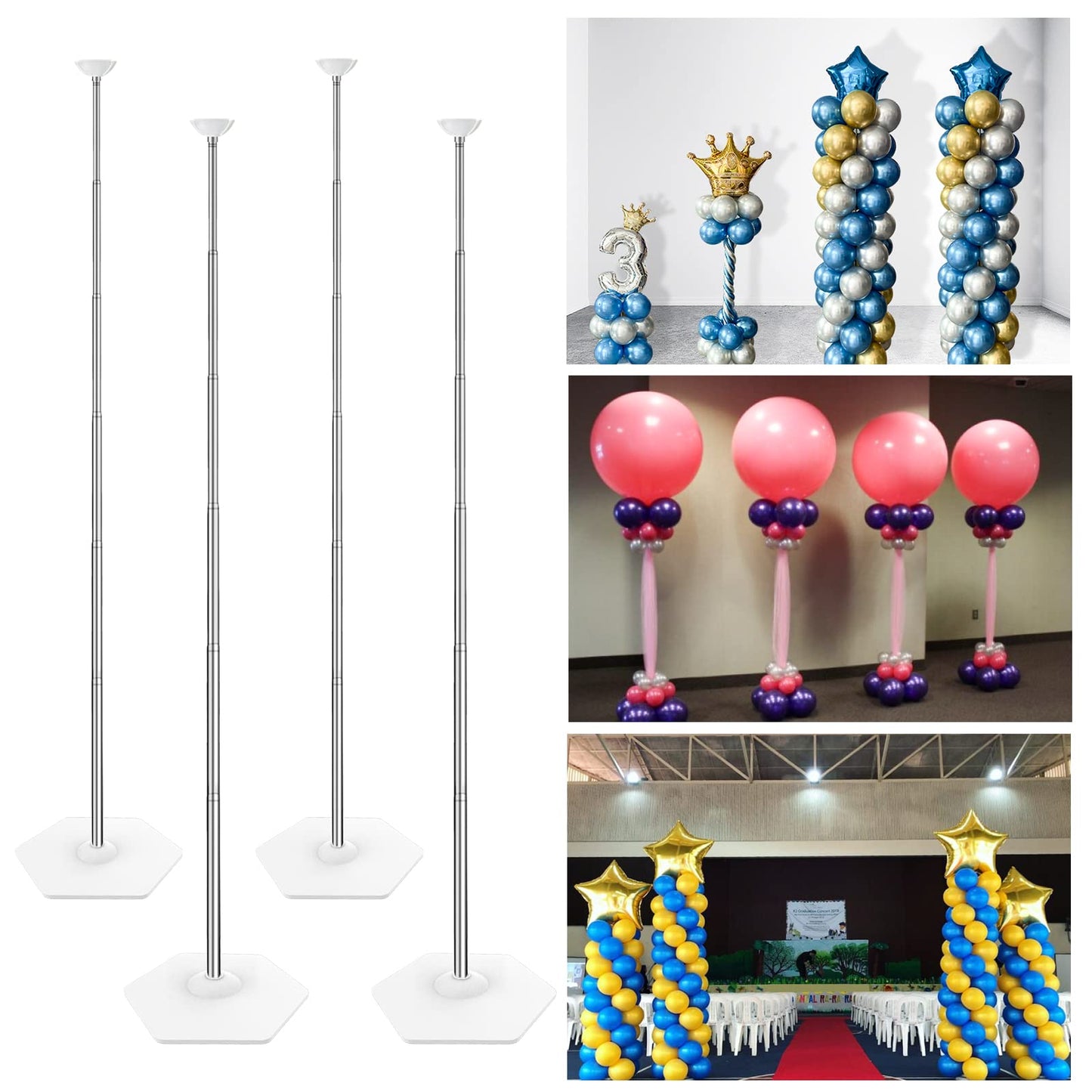 HotYALLOVE Balloon Column Stand Kit Sets of 2, 7 Feet Height Adjustable Balloon Tower Pillar with Reusable Metal Telescopic Design for Birthday, Wedding, Baby Shower, Graduation Party Decoration