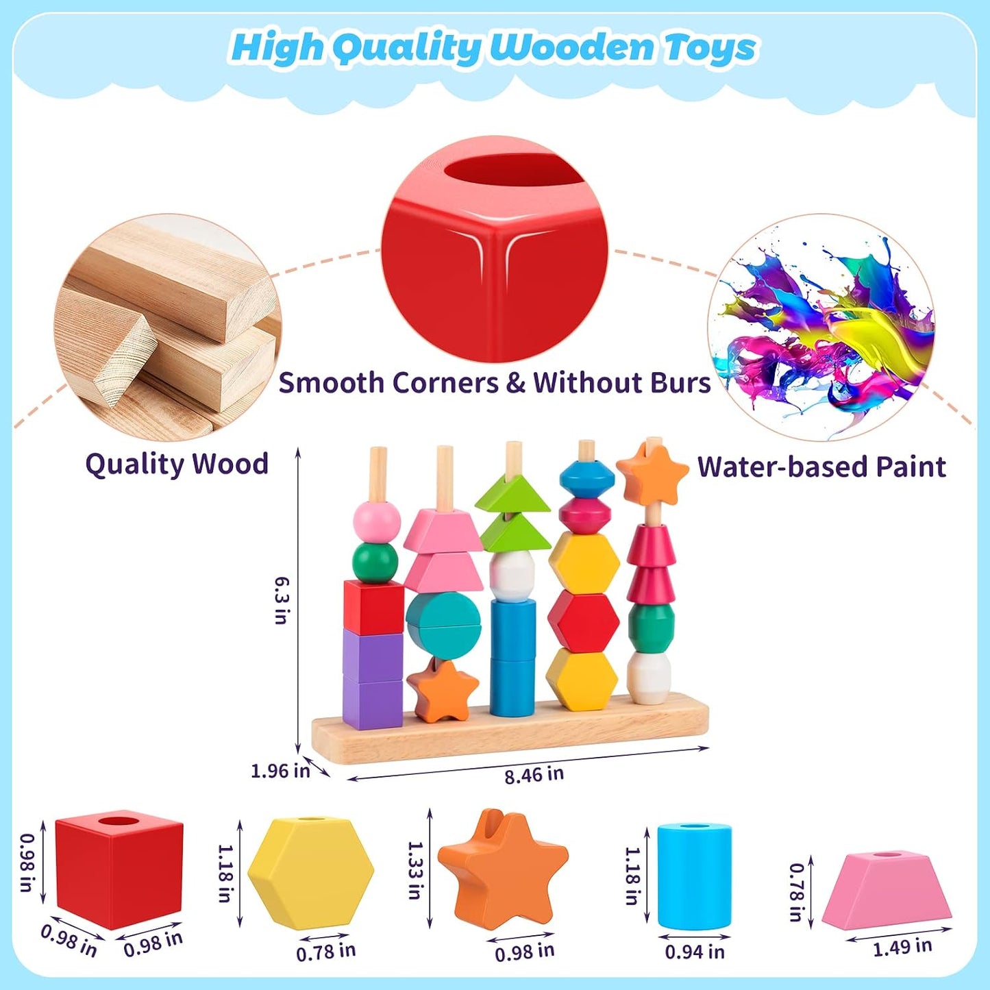 Hot Montessori Wooden Beads Sequencing Toy Set, Stacking Blocks & Lacing Beads & Matching Shape Stacker, Montessori Toys for 3 4 5 Year Old STEM Preschool Learning Toys Gifts for Kids Boy Girl Toddler