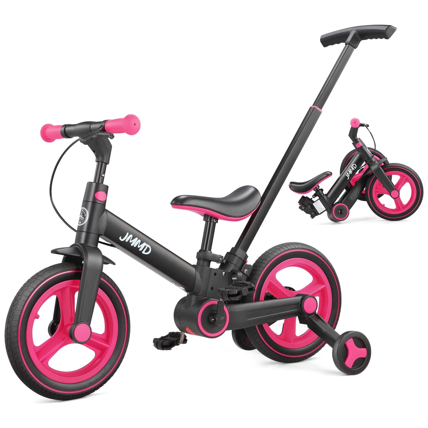 Hot JMMD 6 in 1 Toddler Bike with Push Handle for Kids 18-60 Months, 12" Foldable Balance Bike with Training Wheels, Pedals, Brakes, Kickstand, Push Tricycle Toddler Gift & Toys for Boy & Girl