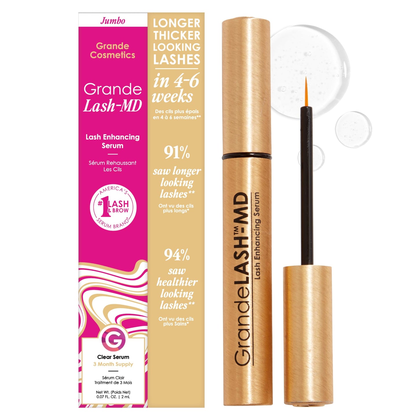 HotGrande Cosmetics GrandeLASH-MD Lash Enhancing Serum - Peptide & Vitamin Infused Formula for Longer, Thicker, Fuller Looking Lashes - Ophthalmologist Tested, Cruelty-Free, 6 Week Supply (1mL)