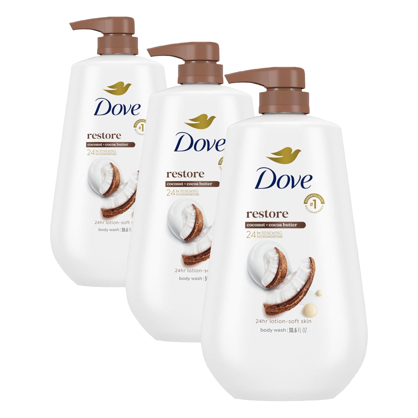 HotDove 24hr Lotion Body Wash Restore Coconut & Cocoa Butter, 30.6 oz | Moisturizing body wash with MicroMoisture for 24-hour hydration and soft skin