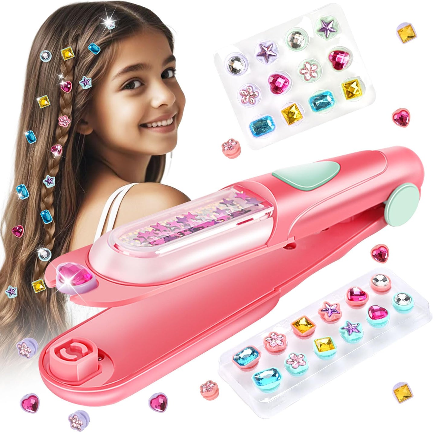 Hotkidzkube Hair Gem Stamper Kit, Bling Hair Jewels for Girls Toys, Hair Styling Tool with Reusable Shining Diamonds, Birthday Gifts Toys for Girls Ages 3 4 5 6 8-12