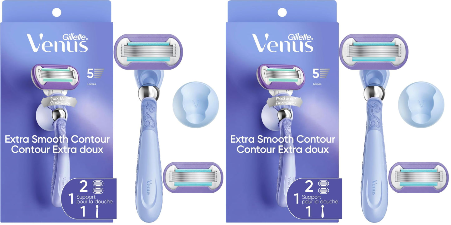 HotGillette Venus Razor for Women, Extra Smooth Contour, Includes 1 Reusable Razor Handle + 4 Count 5-Bladed Razor Refills, with Flexiball Pivoting Handle and Shower Holder