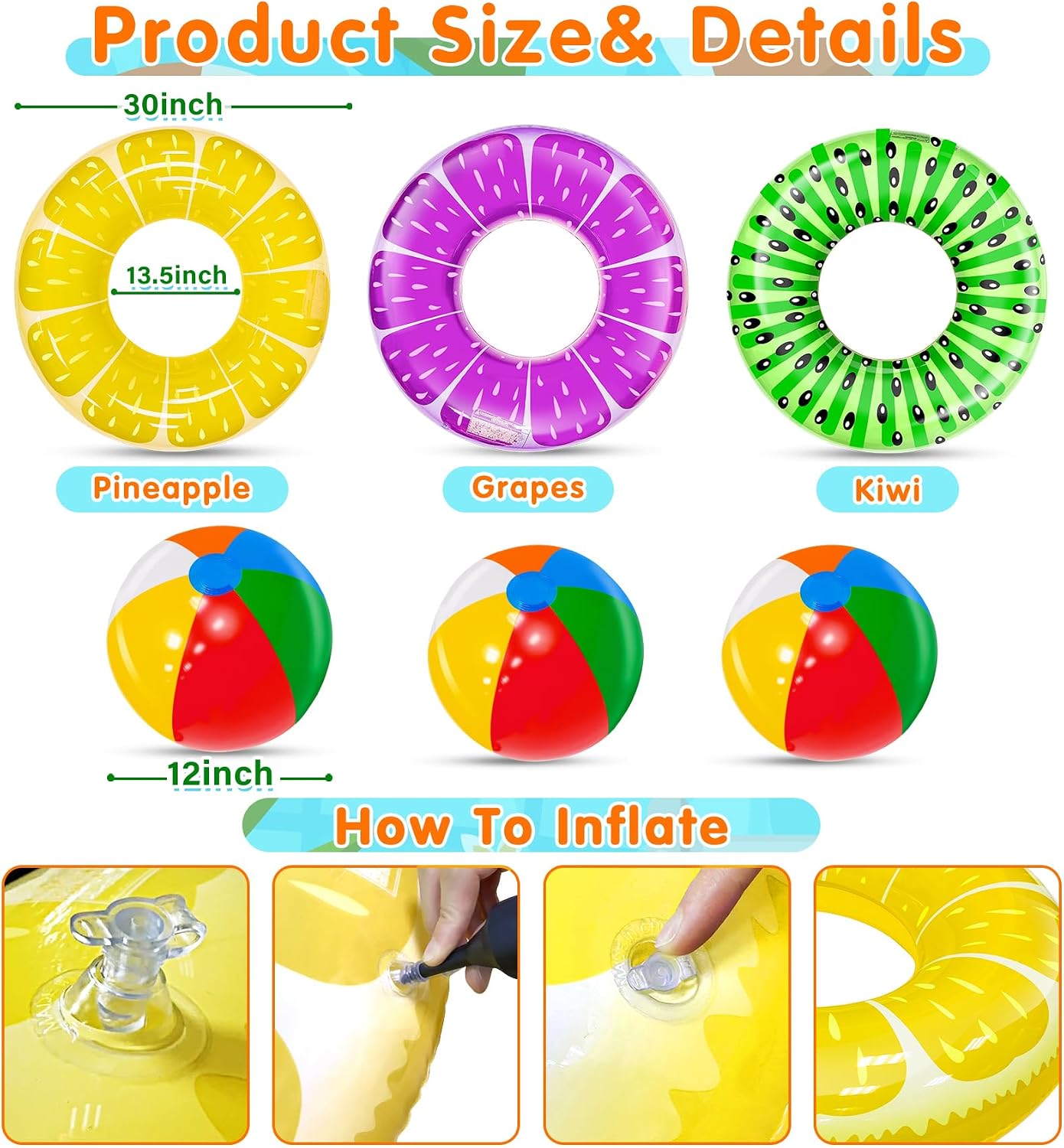 Hot 6 Pack Inflatable Pool Floats, 3 Pcs Inflatable Fruits Swim Tubes Rings & 3 Pcs Rainbow Beach Ball, Summer Pool Floaties for Kids Teens Adults Swimming Float Toy Hawaiian Party Beach Water Fun Game