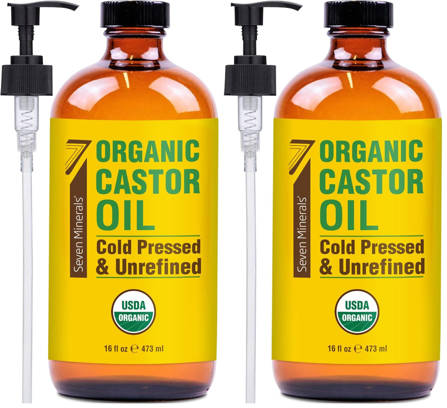 HotSeven Minerals USDA Organic Castor Oil - Big 16 oz Glass Bottle with Pump - 100% Pure Cold Pressed Unrefined Hexane Free - for Hair Growth, Eyelashes, Eyebrows, Skin, Cuticles & Caster Oil Packs