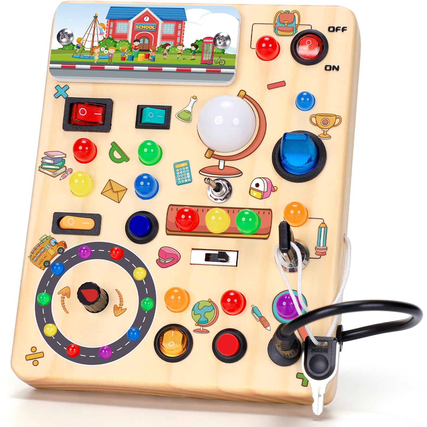 HotBusy Board with LED Light Switches, Montessori Toys for 1 2 3 Years Old, Toddlers Wooden Toy Sensory Activity Board, Travel Toys for 1+ Year Old Boy & Girl Birthday Gift