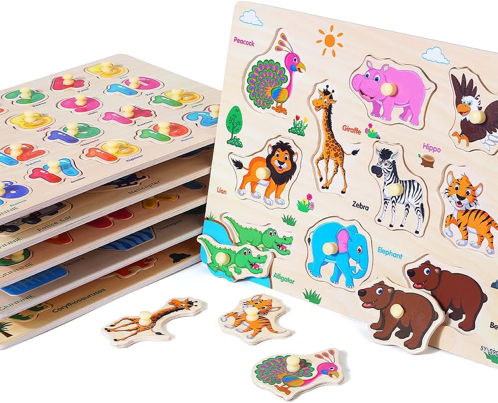 Hot GRINNNIE Wooden Peg Puzzle for Toddlers, 6 Pack Toddler Puzzles Set for 3 4 5 Years Old (Alphabet Number Shape Animal Dinosaur Vehicle), Preschool Education Learning Puzzle Toys for Girls and Boys