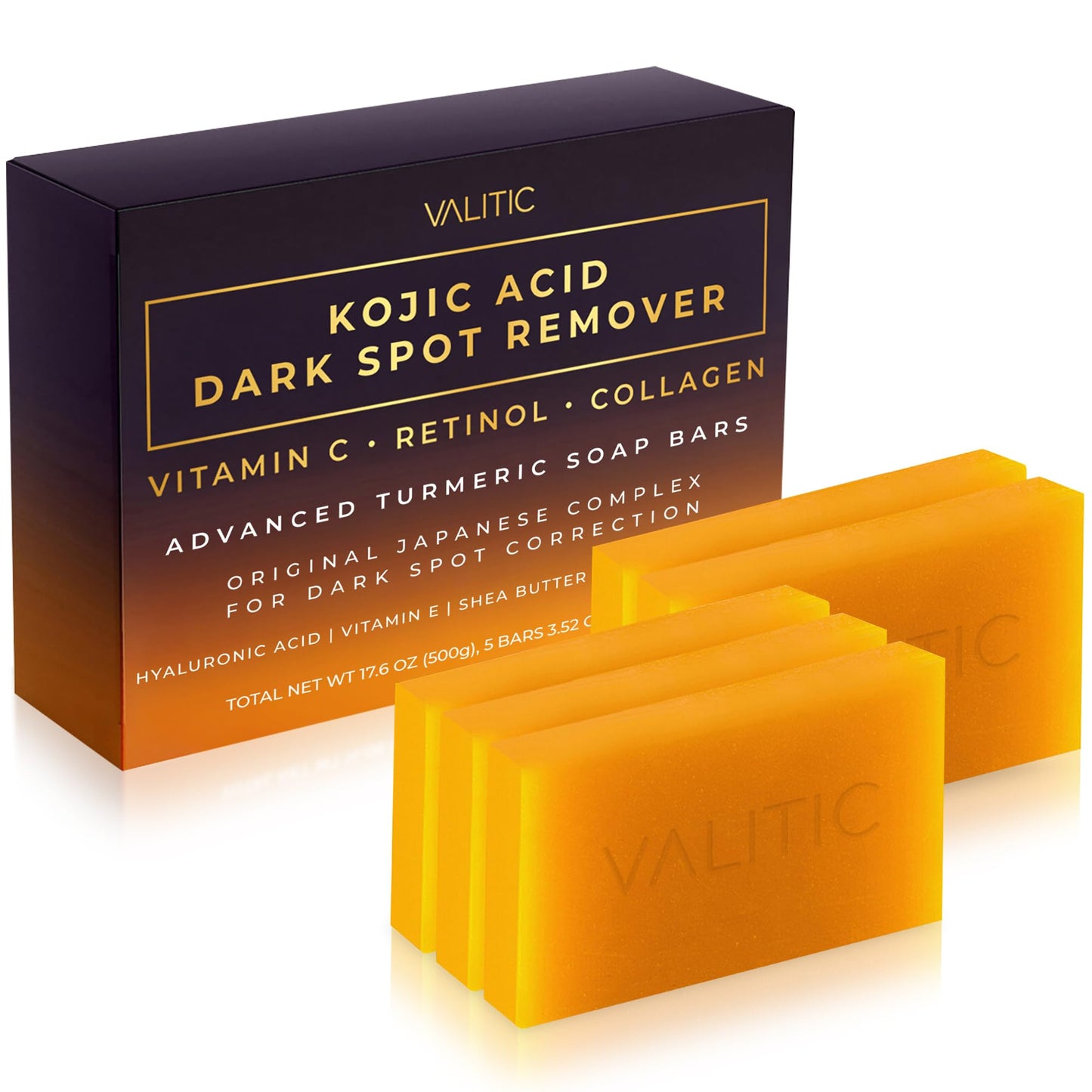 HotVALITIC Kojic Acid Dark Spot Remover Soap Bars with Vitamin C, Retinol, Collagen, Turmeric - Original Japanese Complex Infused with Hyaluronic Acid, Vitamin E, Shea Butter, Castile Olive Oil (2 Pack)
