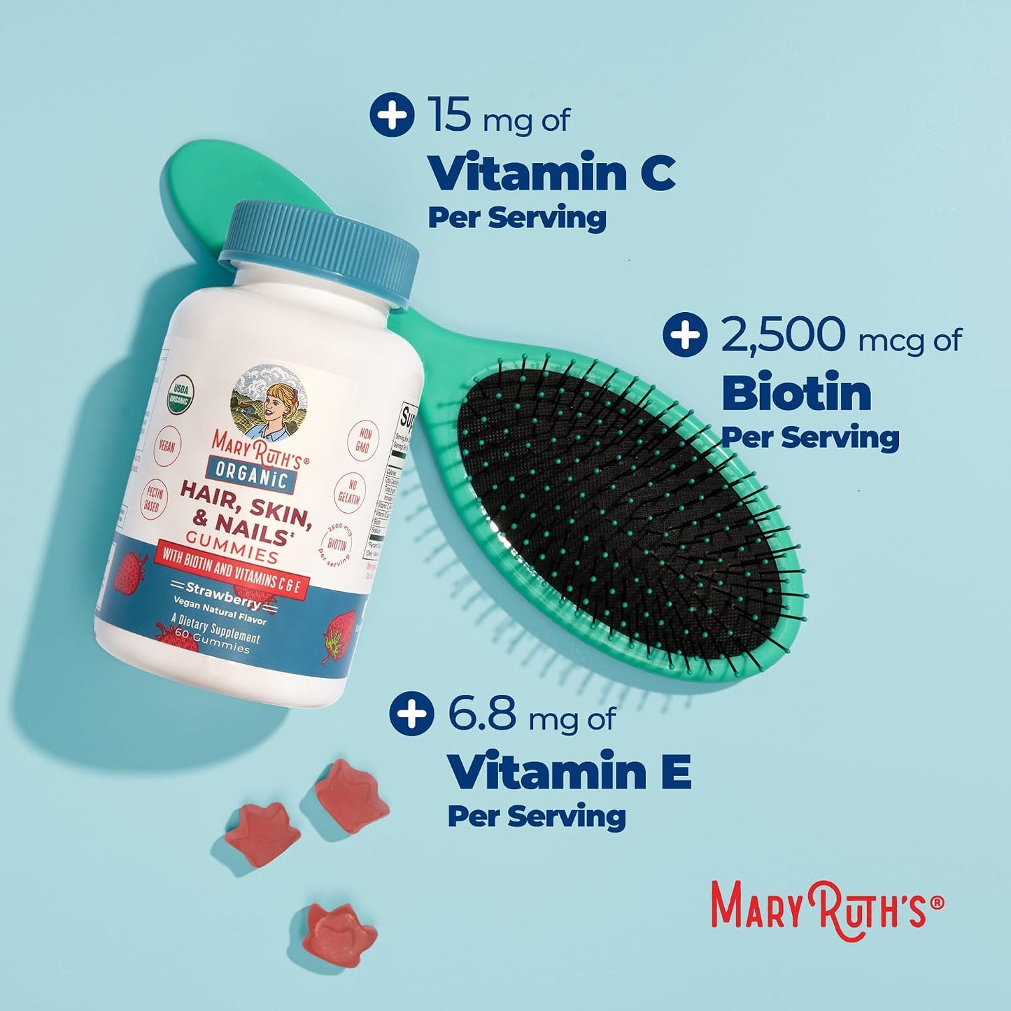 HotMARYRUTH'S Hair Skin and Nail Vitamins | USDA Organic | 2500 mcg Biotin Gummies with Vitamin C & Vitamin E | Hair Growth Vitamins | Skin Care | Nail Growth | Ages 14+ | 60 Count