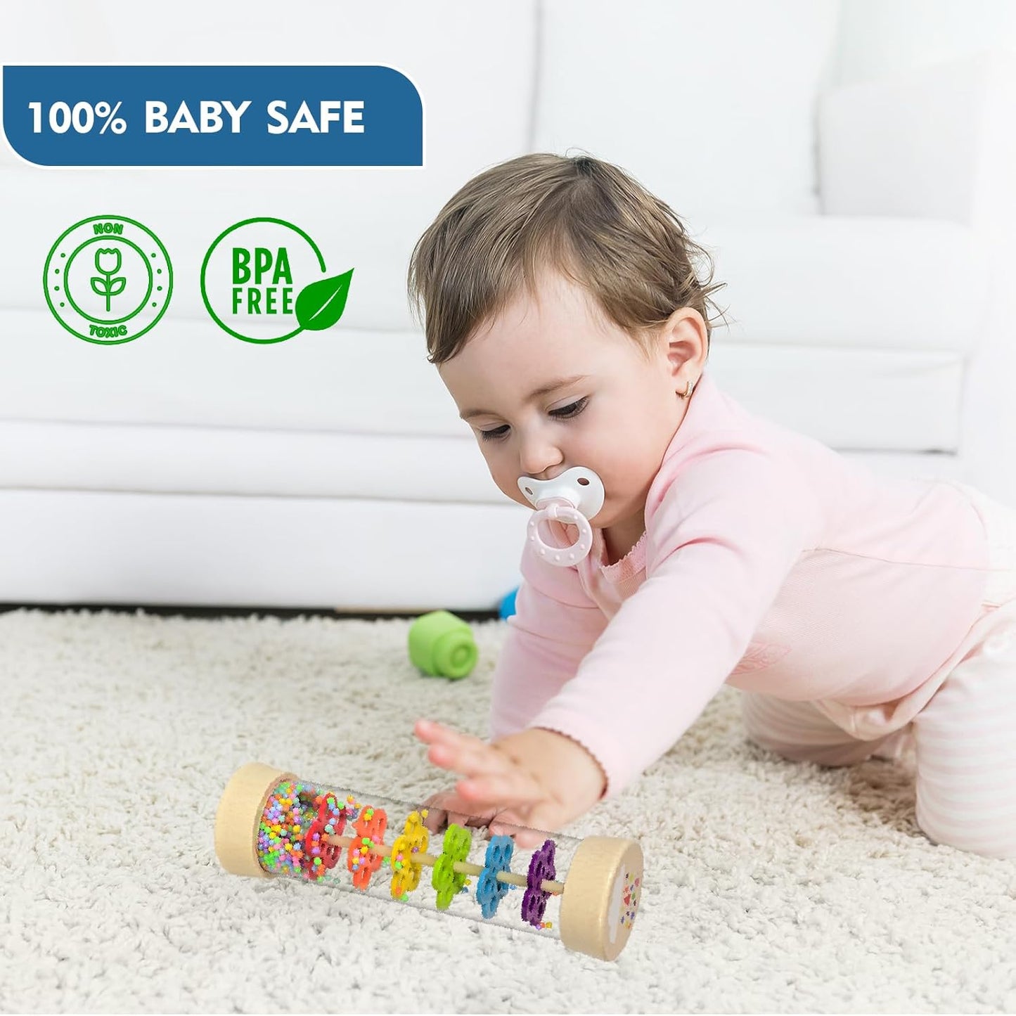 Hot Rain Stick Montessori Baby Toys for 6-12 Months 1 Year Old, Wooden Rainmaker Infant Musical Sensory Toy, Baby Shower Gift for Newborn Toddler Boys Girls, 7.7"