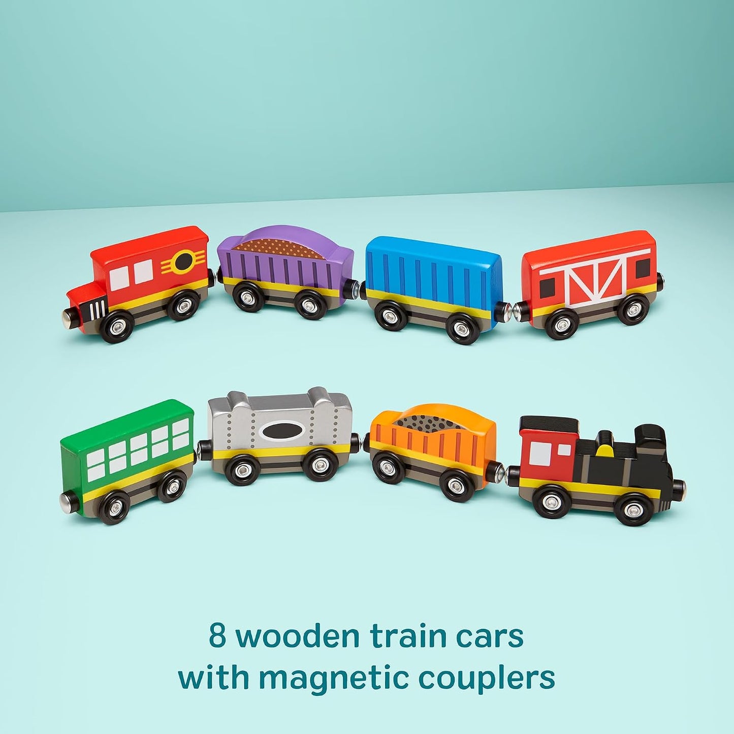 HotMelissa & Doug Wooden Train Cars, 8-Piece Magnetic Train Set with Toy Storage Tray, Steam Engine, Caboose, Coal & Passenger Cars, Montessori-Inspired Pretend Play Toys for Kids Ages 3+