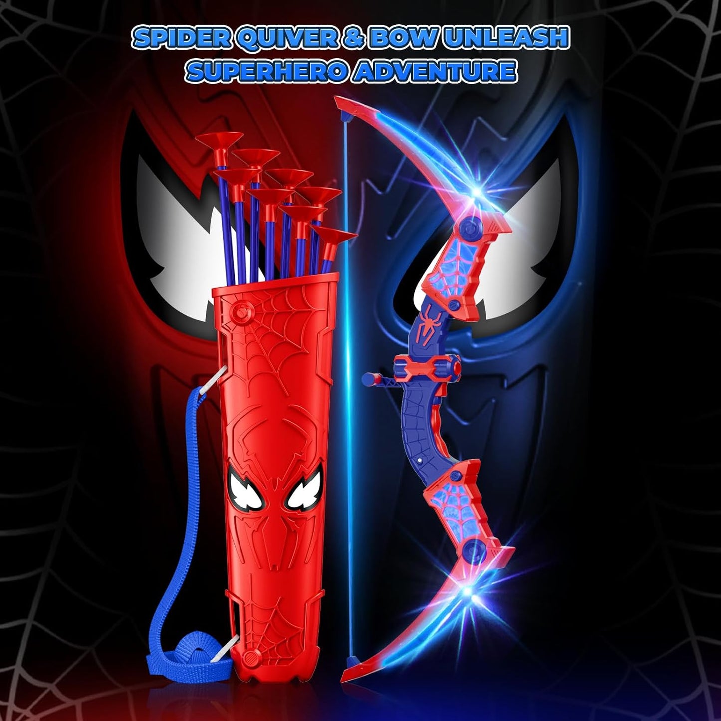 HotSpider Toys for Boys Age 3-4 4-6 6-8 8-12, Kids Toy BowArrow Shooting Set with Red & Blue LED Lights, Spider Quiver & Web Target, 8 Suction Cup Arrows, Toys Gifts for 3 4 5 6 7 8 9 10 12 Year Old Boys