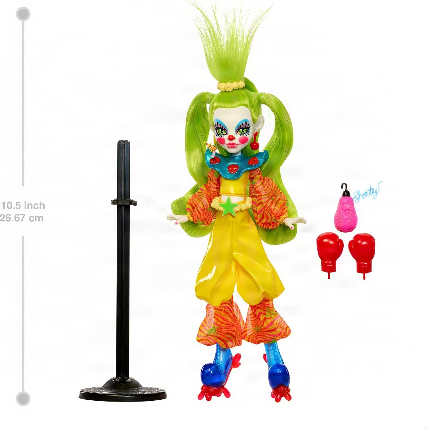 Hot Monster High Skullector Shorty Doll, Killer Klowns from Outer Space Collectible with Green Hair, Yellow Clown Clothes, Balloon Shoes and Doll Stand (Amazon Exclusive)