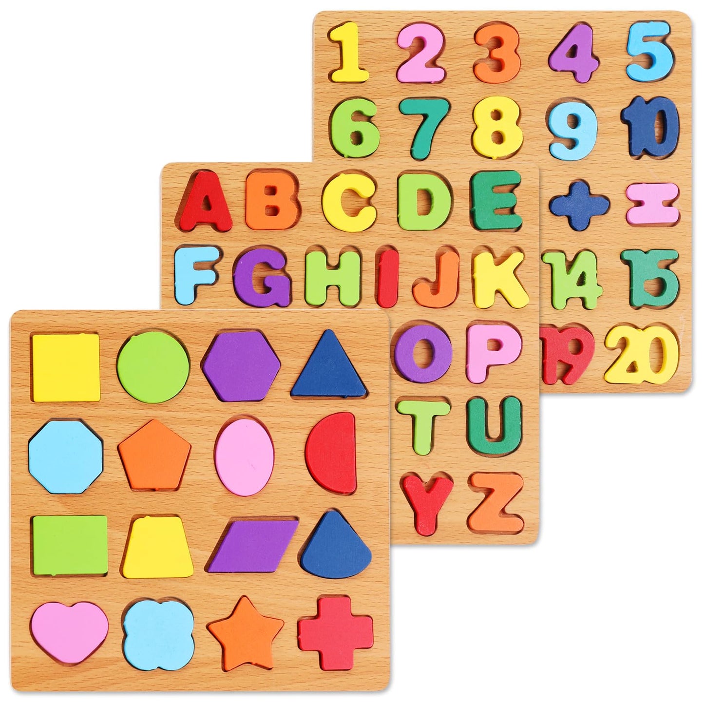 HotAlphabet Wooden Puzzles for Toddlers 3-5, Pack of 3 ABC, Number and Shape Puzzle, Preschool Educational Learning Toys with Puzzle Board & Letter Blocks for Girls Boys Ages 3 4 5 Years Old