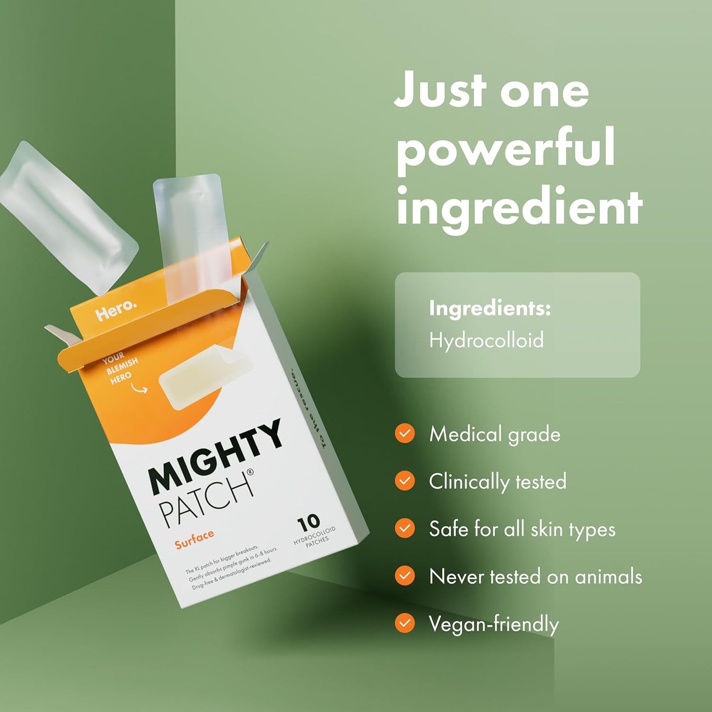 HotHero Cosmetics Mighty Patch Surface Large Acne Pimple Patches, 10 Ct | Multi-Blemish Acne Spot Patch; For Cheek, Forehead, and Chin; Hydrocolloid Covers; Pimple Stickers; Vegan-friendly