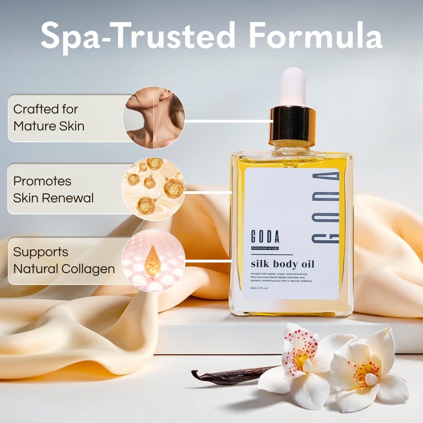 HotGODA Silk Body Oil Women - Firming Anti Aging Moisturizing Formula, Crepey Skin Hydrating After Shower, Scented Organic Blend Premium Skincare