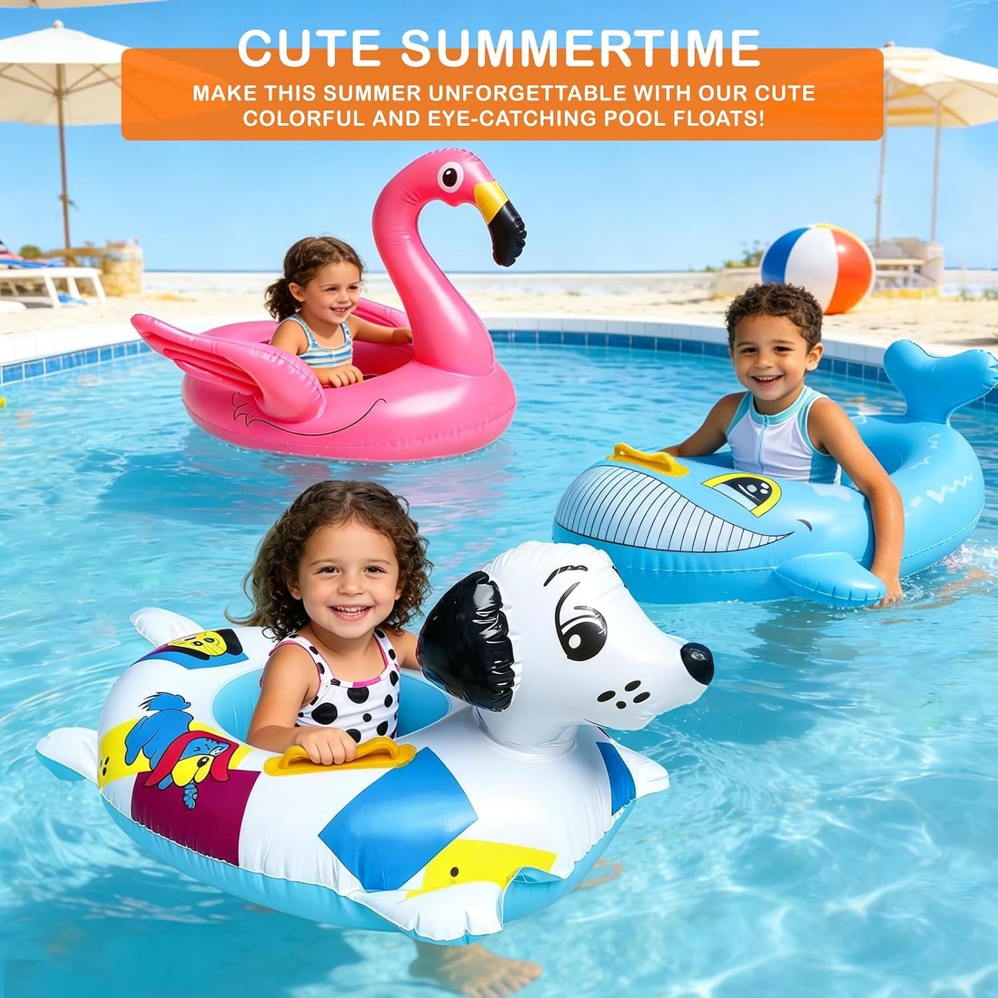 Hot 4 Pack Inflatable Pool Floats for Toddler Age 3-7 Animal Swim Tube Rings for Kids Infant Baby Ride on Beach Floaties with Safety Seat&Handle for Summer Lake Pool (Flamingo, Turtle, Whale, Dalmatian)