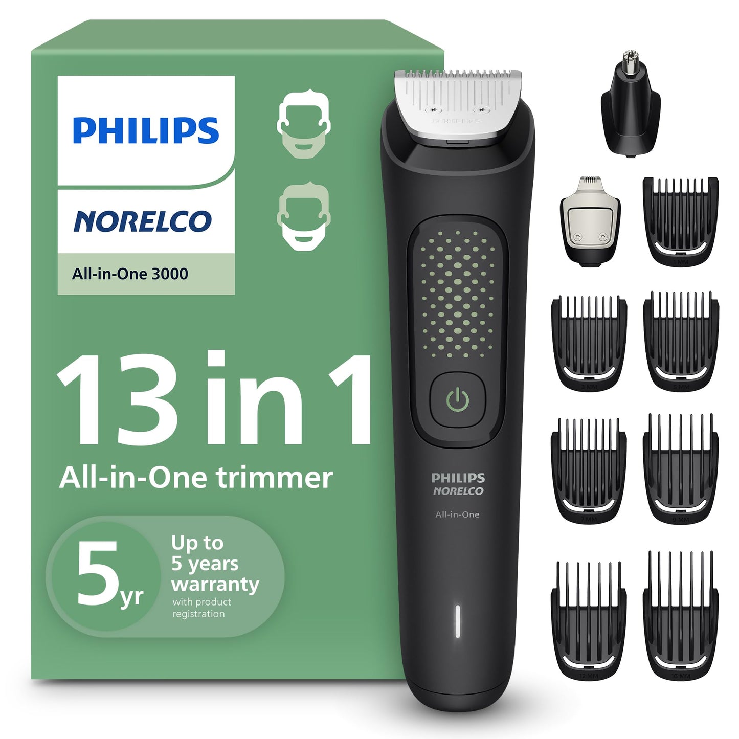 HotNorelco Philips All-in-One 3000 Series 13 in 1 Trimmer for Men, Beard Trimmer & Head Hair Clipper, Full Metal Self-Sharpening Blades & 8 Length Settings, MG3939/50