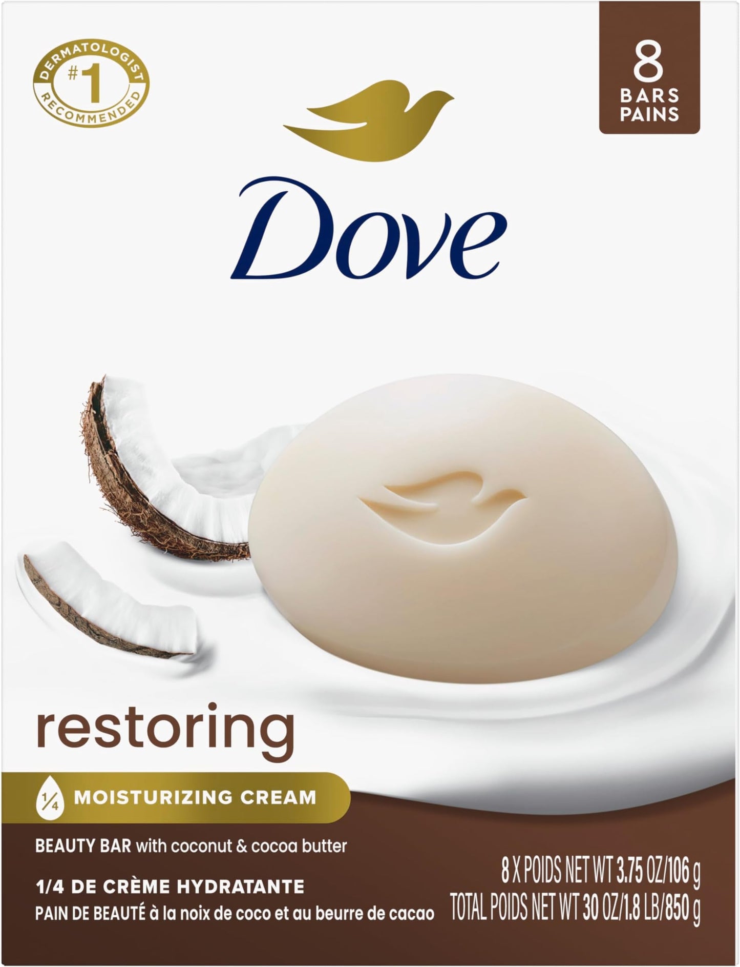 HotDove Beauty Bar Soap Restoring Coconut & Cocoa Butter 6 Count for Restored Skin, Nourishes Skin 3.75 oz