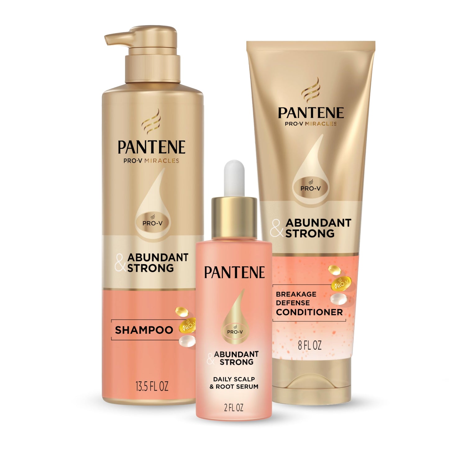 HotPantene Abundant & Strong 3-Piece Regimen with B5 Complex + Niacinamide, Shampoo (13.5 oz), Conditioner (8 oz), Serum (2 oz) for Hair Loss, Thinning, Anti-Breakage, Volume - Grows Healthier