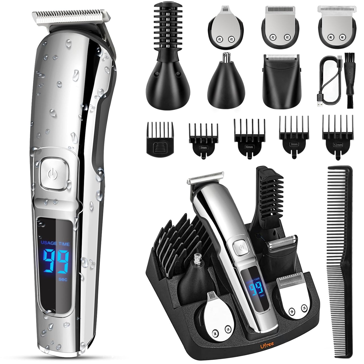 HotUfree Beard Trimmer for Men, Waterproof Electric Razor, Grooming Kit | Stainless steel blades, six interchangeable heads, wet and dry use, USB rechargeable, for face body nose ear trimming, silver