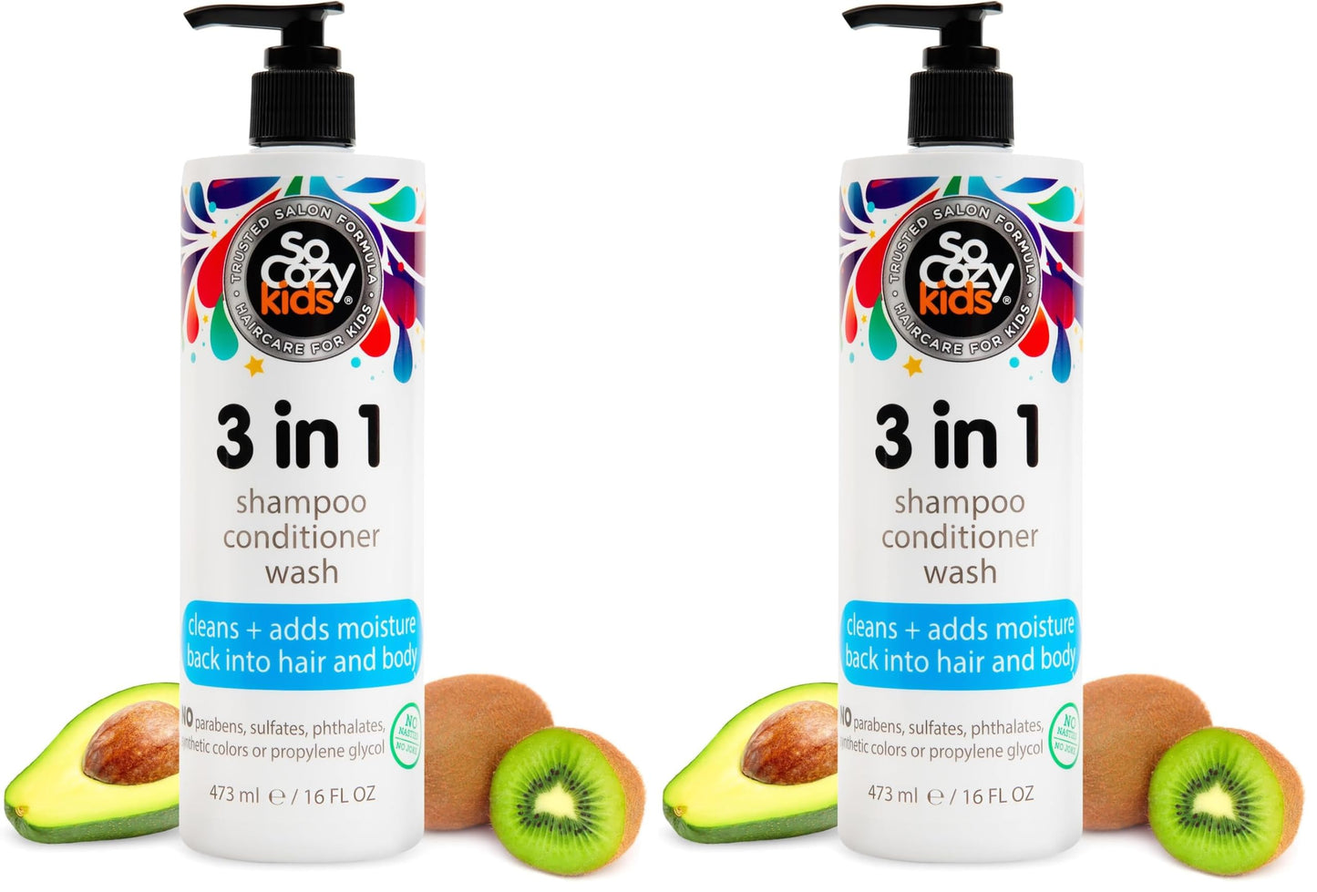 HotSoCozy 3 in 1 Kids Shampoo + Conditioner + Body Wash (16 Fl Oz) Gentle, Hydrating Hair & Body Cleanser with Keratin, Vitamin B5, & Kiwi Extract, Paraben & Sulfate-Free