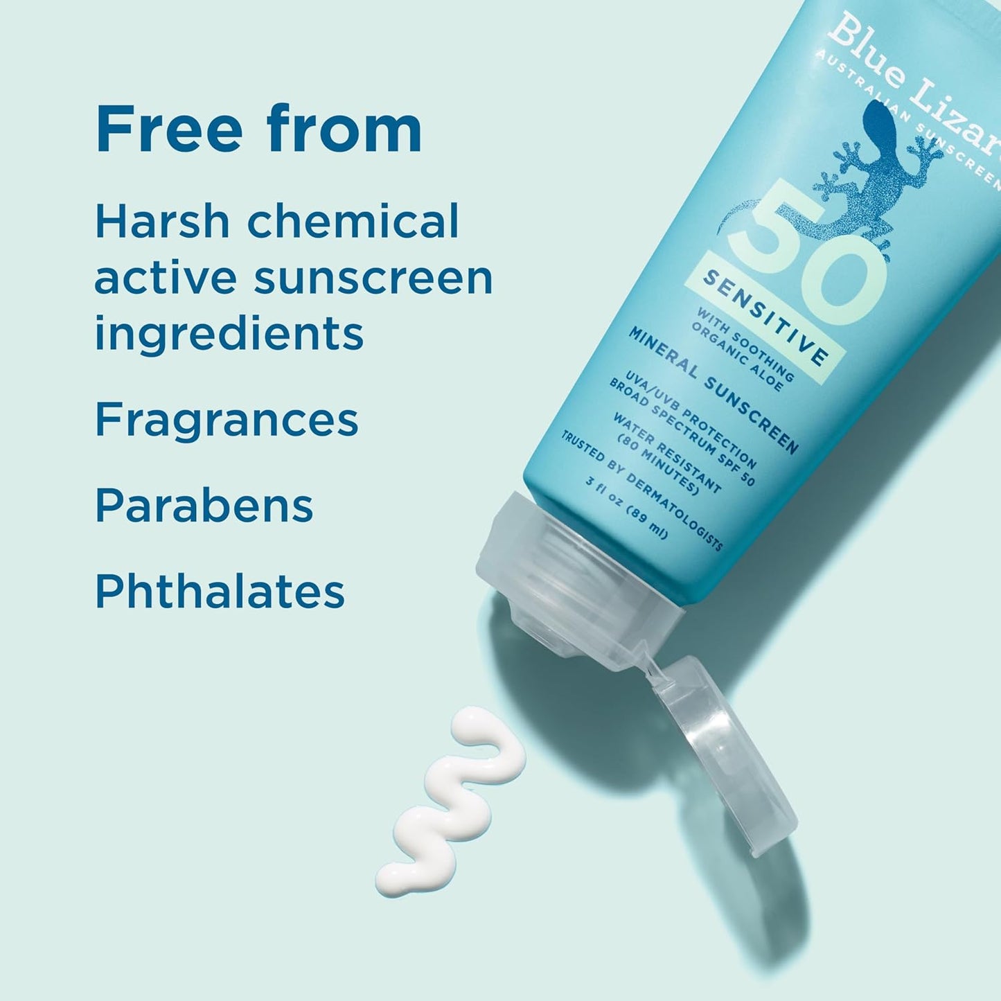 HotBlue Lizard SENSITIVE Mineral Sunscreen with Zinc Oxide, SPF 50+, Water Resistant, UVA/UVB Protection with Smart Cap Technology - Fragrance Free, 3 oz. Tube