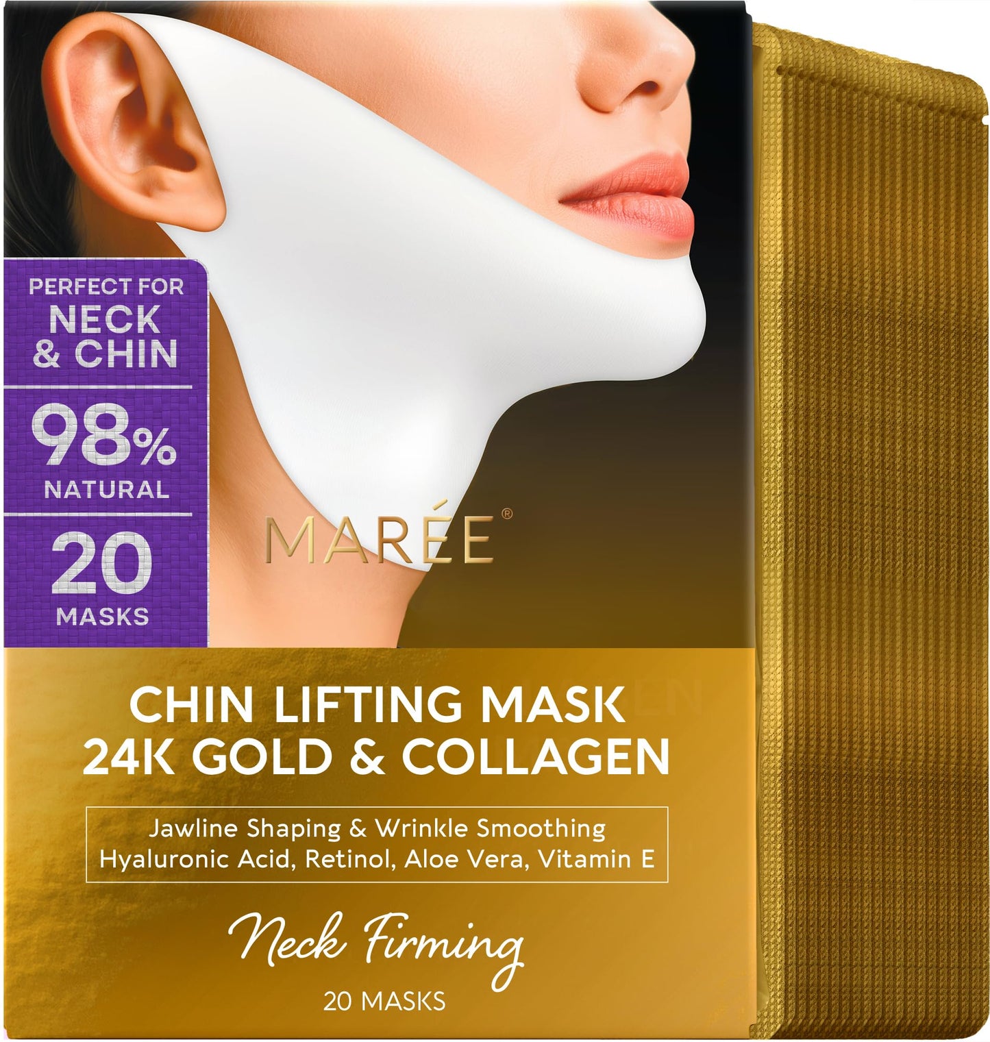 HotMAREE V Line Lifting Mask with 24K Gold – Deep Collagen Face Mask for Women – Jawline Shaper Mask with Retinol & Hyaluronic Acid – Neck Tightening & Firming - Double Chin Strap for Face Lift