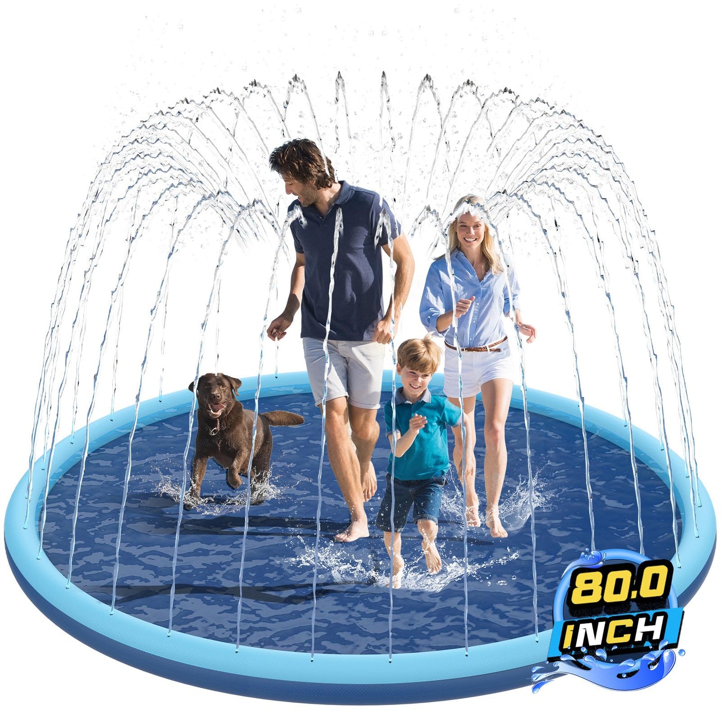 HotNon-Slip Splash Pad for Kids and Dog, 80" Extra Large Baby Play Mat, Dog Pool Toys, Thicken Sprinkler Pool Summer Outdoor Water Toys for Ages 3-12 Boys Girls, Parent-Kids &Games Fun Backyard (Blue)