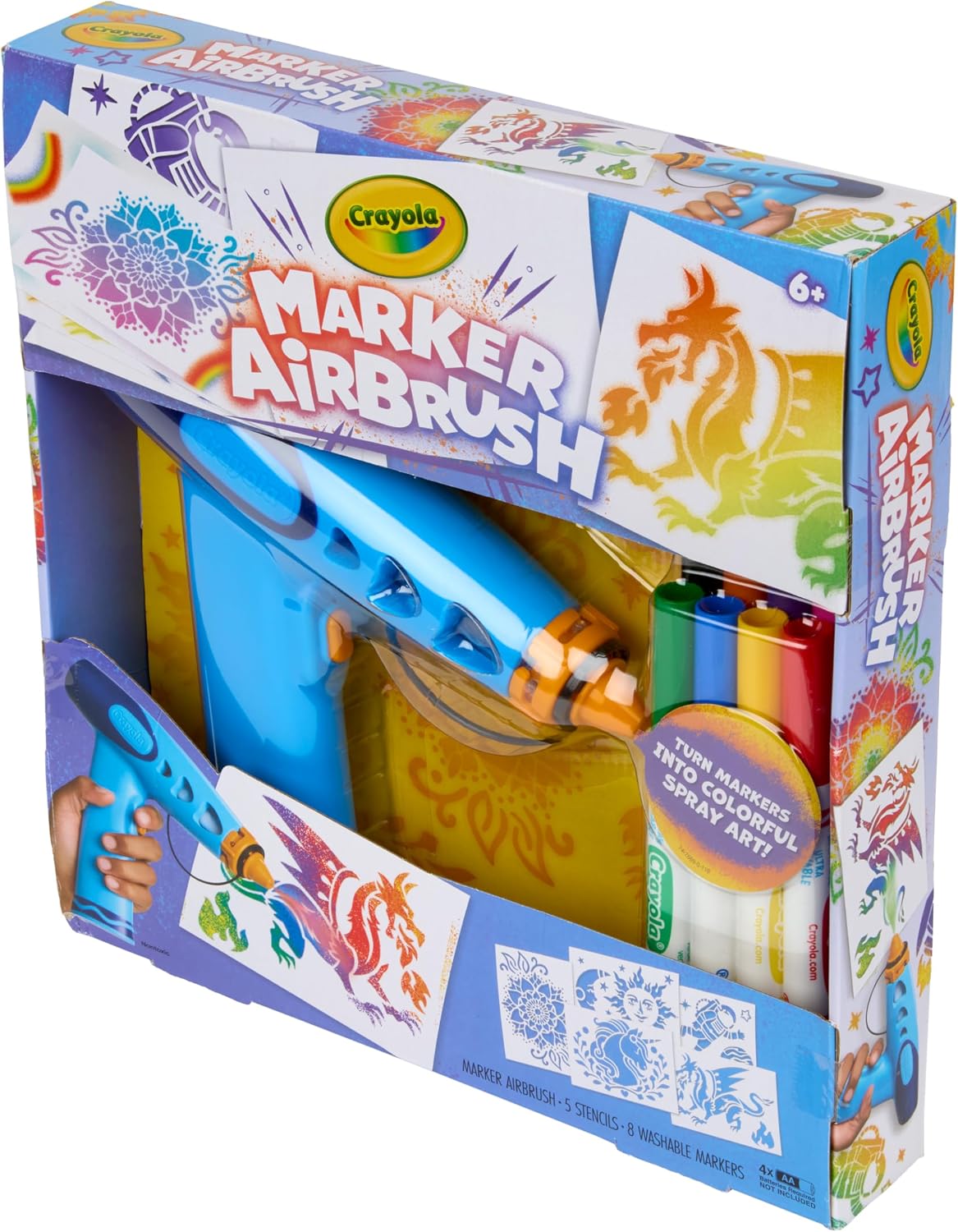 HotCrayola Marker Airbrush Spray Art Kit, Battery-Powered Sprayer with 8 Washable Markers & 5 Stencils, DIY Craft Set, Ages 6+